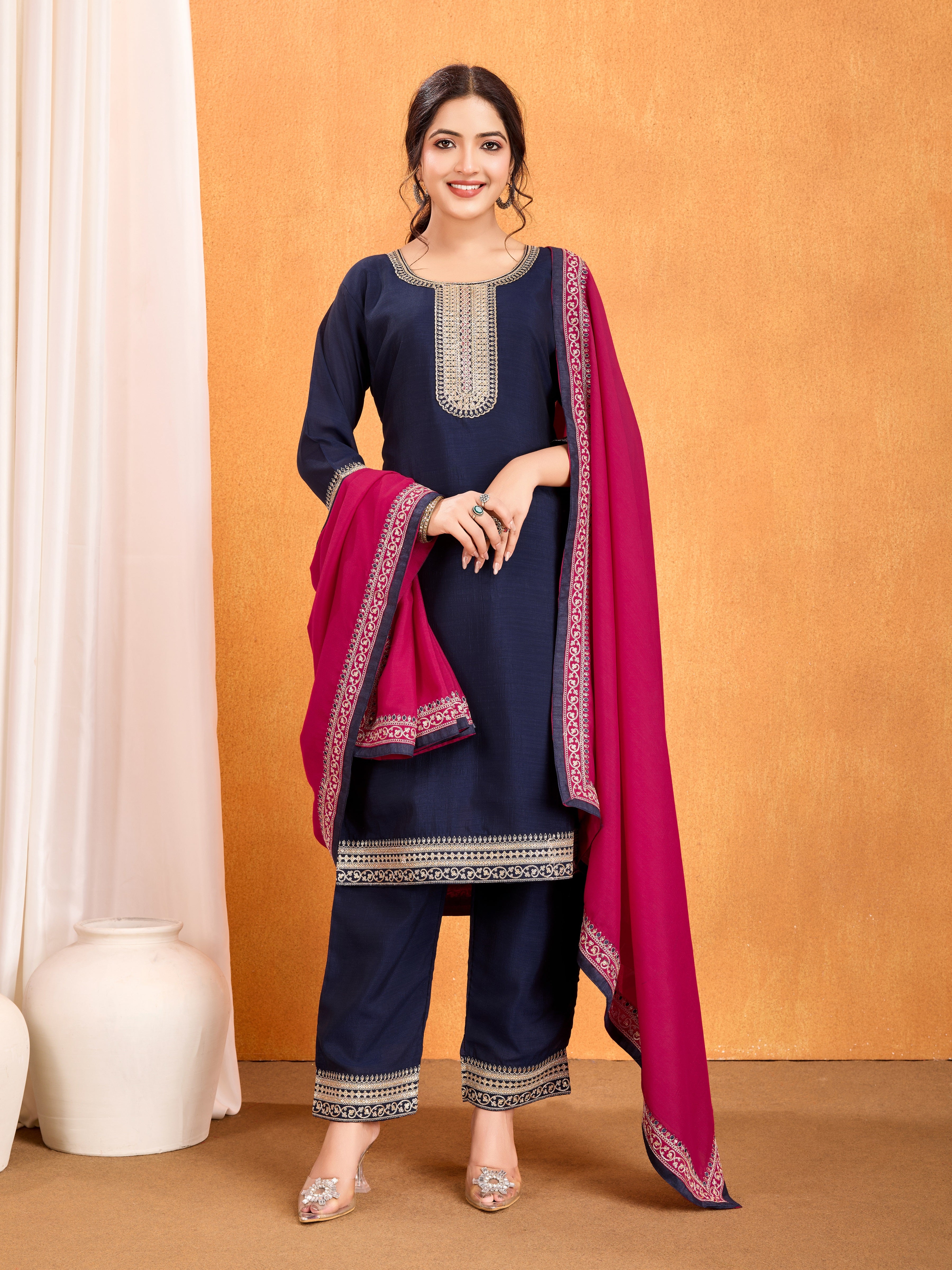 Navy Blue Embroidery Work Kurta Pant Dupatta Set in Vichitra Silk Fabric | Elegant & Traditional