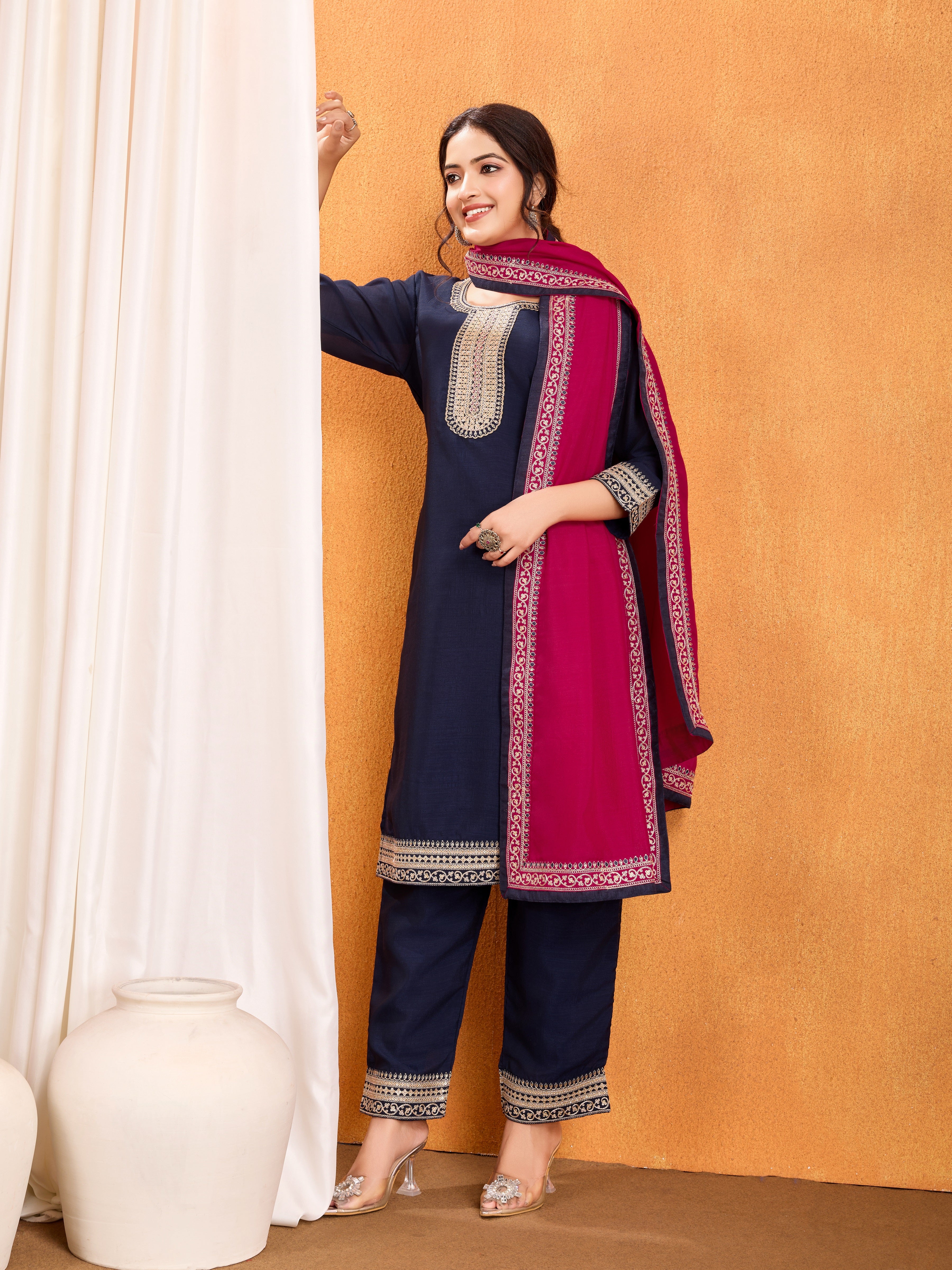 Navy Blue Embroidery Work Kurta Pant Dupatta Set in Vichitra Silk Fabric | Elegant & Traditional