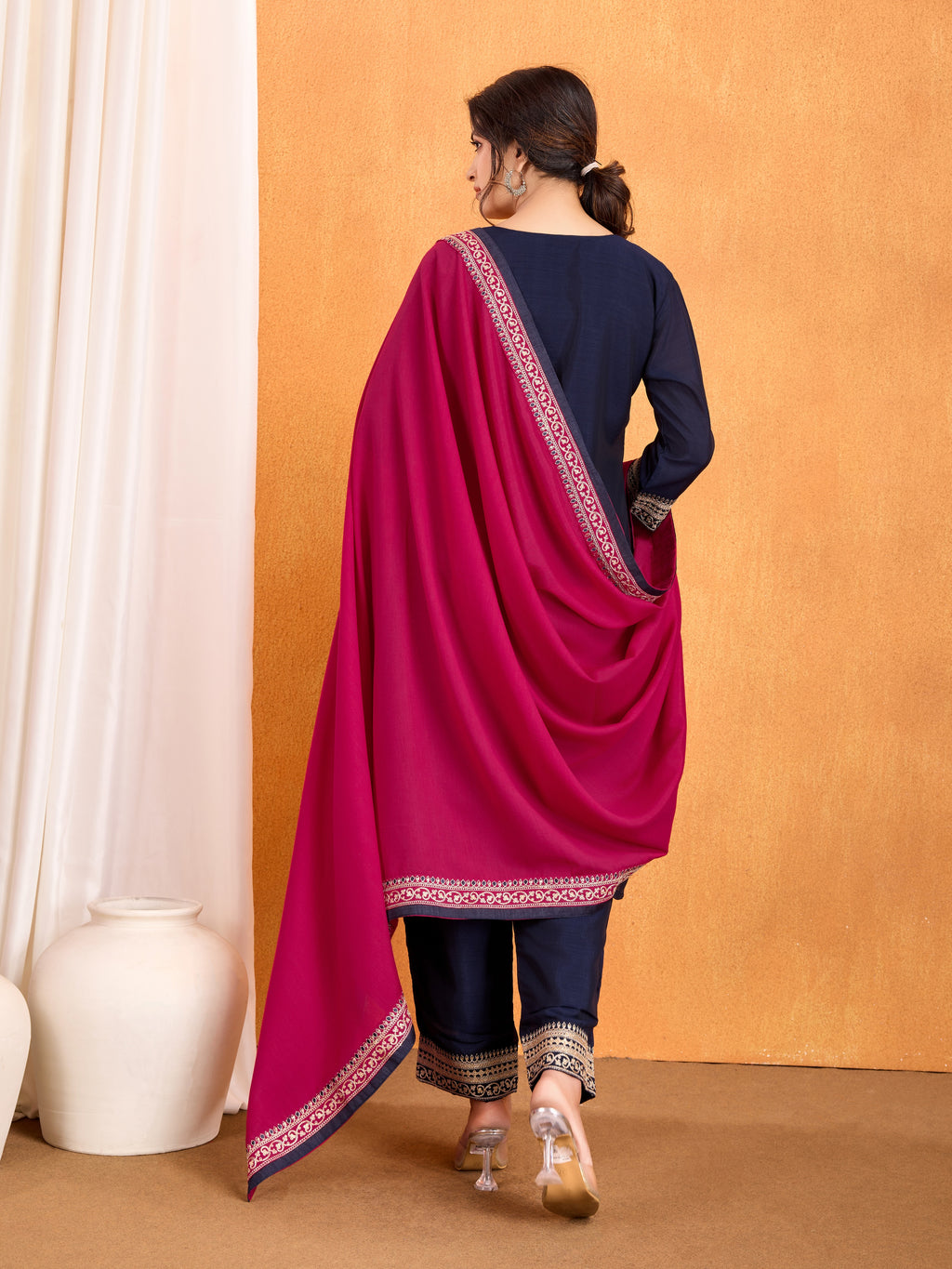 Navy Blue Embroidery Work Kurta Pant Dupatta Set in Vichitra Silk Fabric | Elegant & Traditional