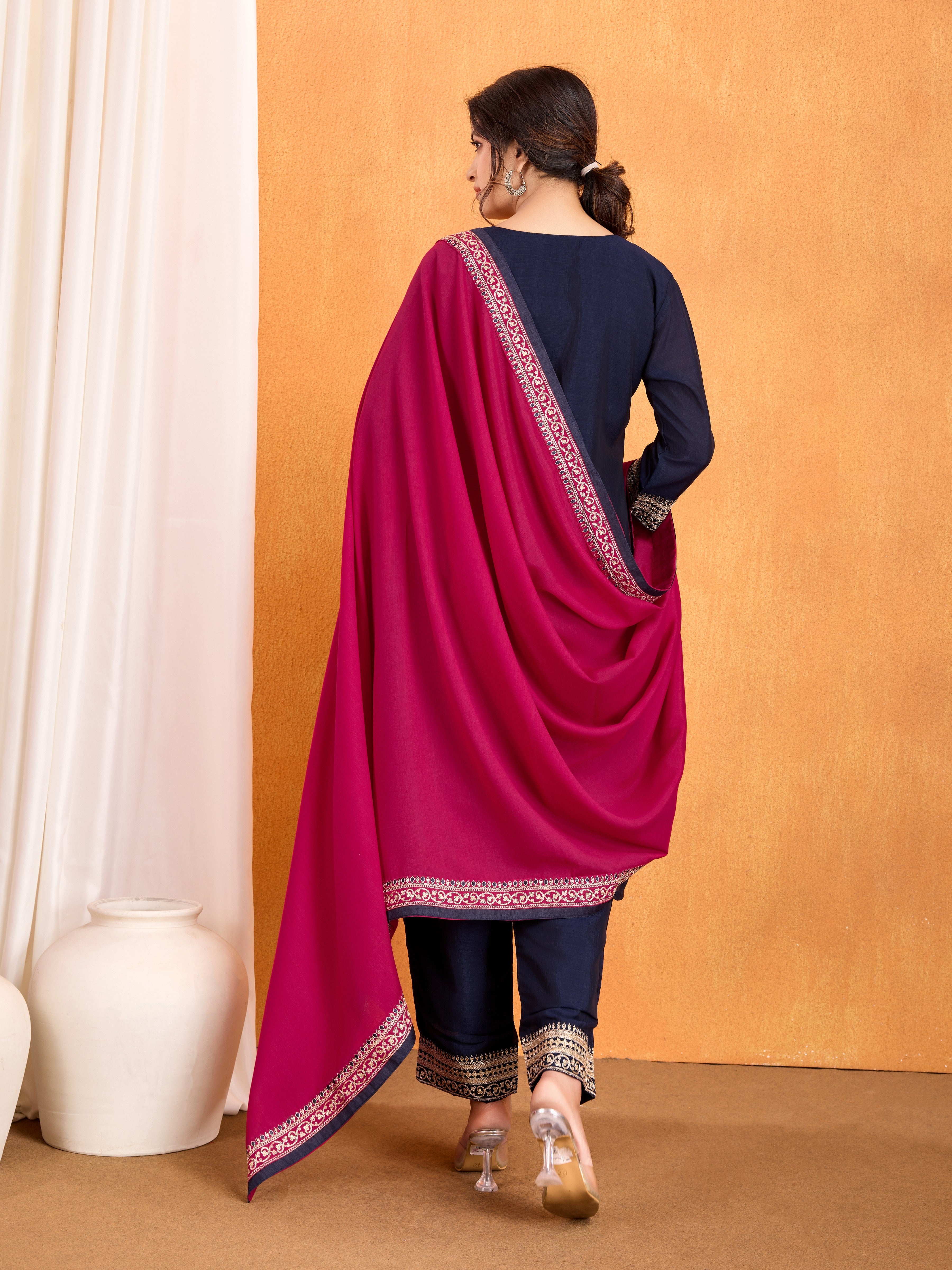 Navy Blue Embroidery Work Kurta Pant Dupatta Set in Vichitra Silk Fabric | Elegant & Traditional