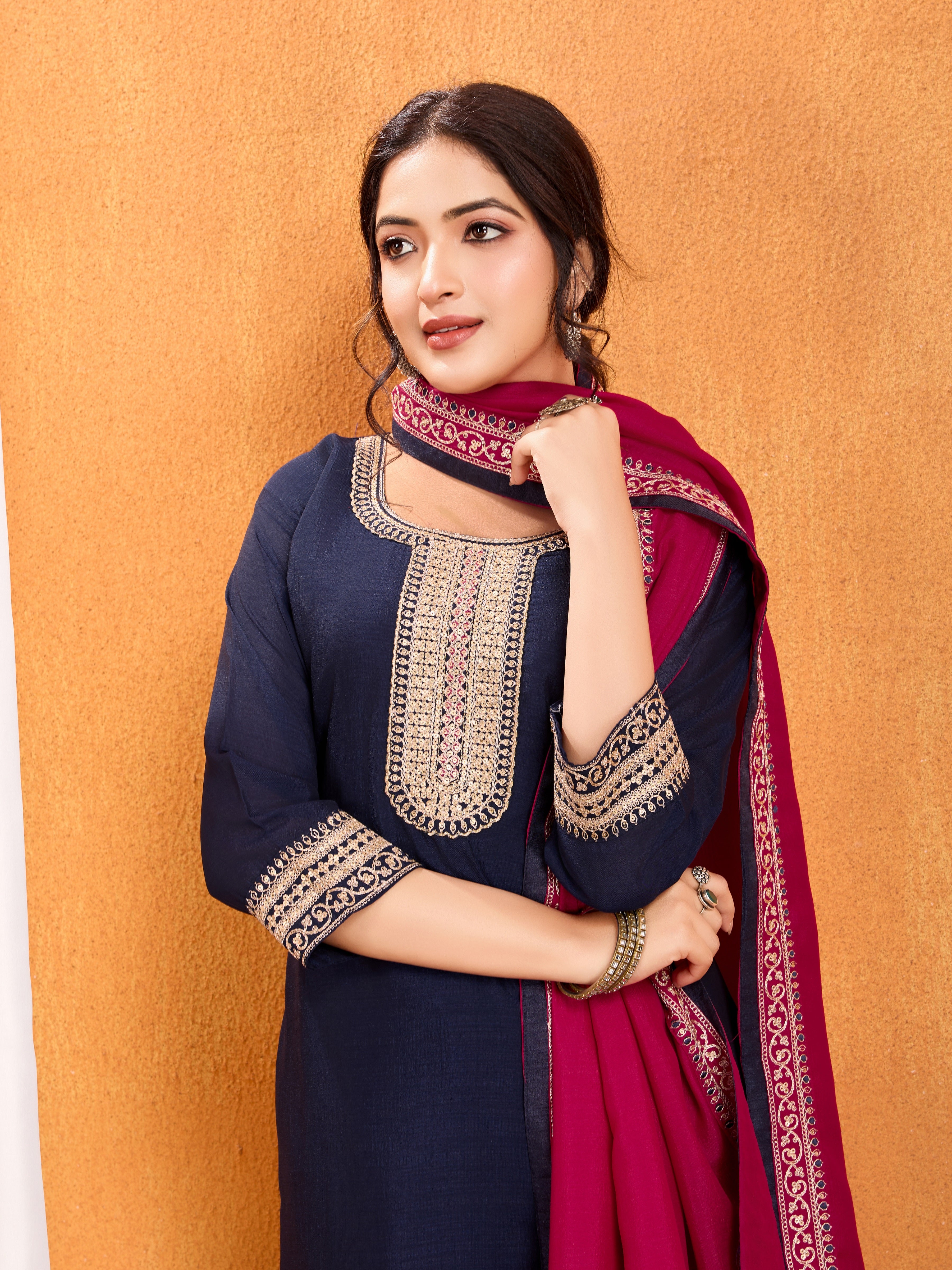 Navy Blue Embroidery Work Kurta Pant Dupatta Set in Vichitra Silk Fabric | Elegant & Traditional