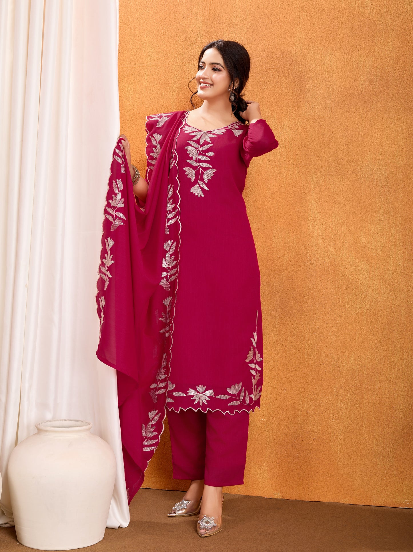 Magenta Embroidery Sequined Cut Work Kurta Pant Dupatta Set for Women – Elegant & Glamorous