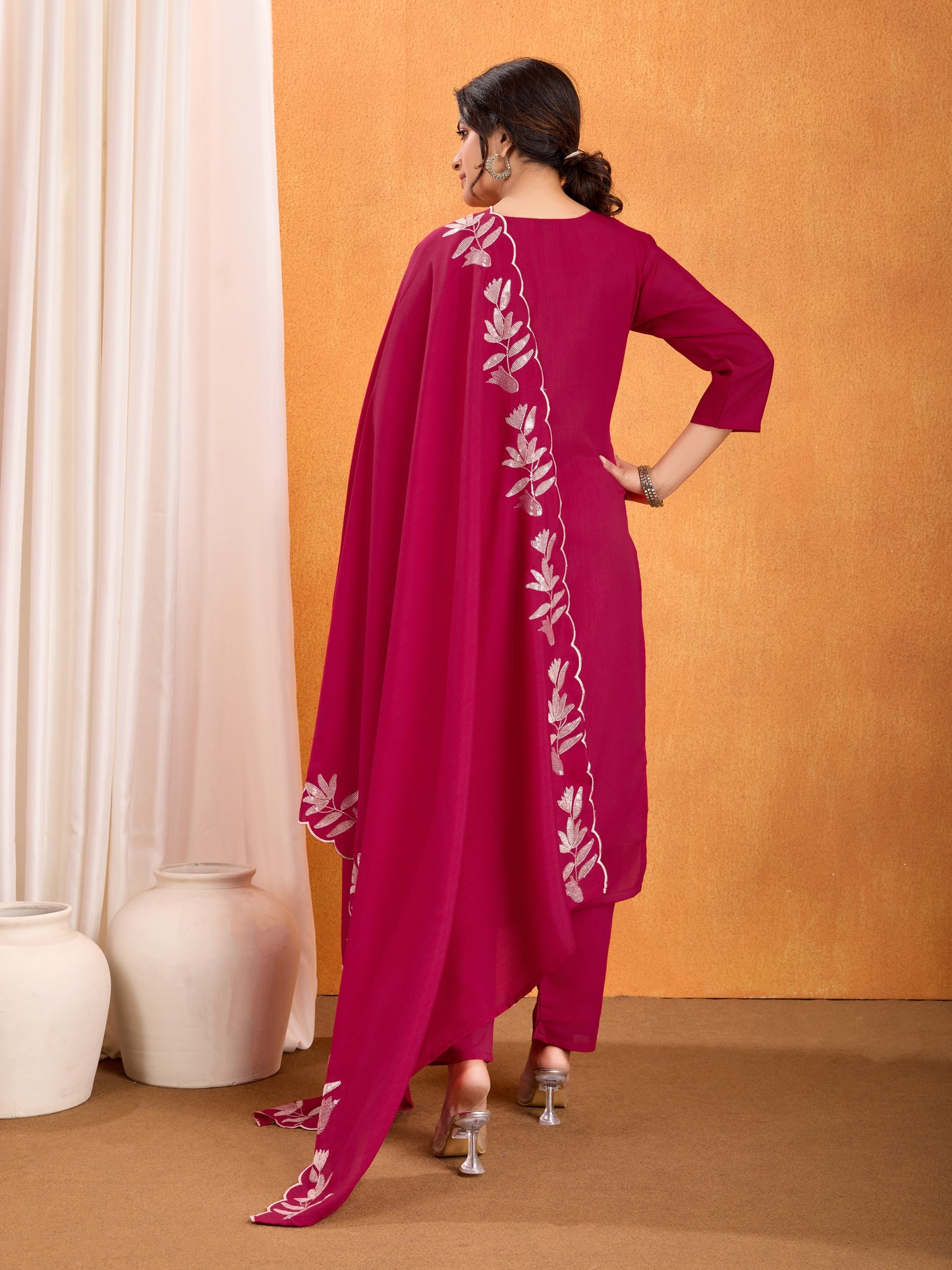 Magenta Embroidery Sequined Cut Work Kurta Pant Dupatta Set for Women – Elegant & Glamorous