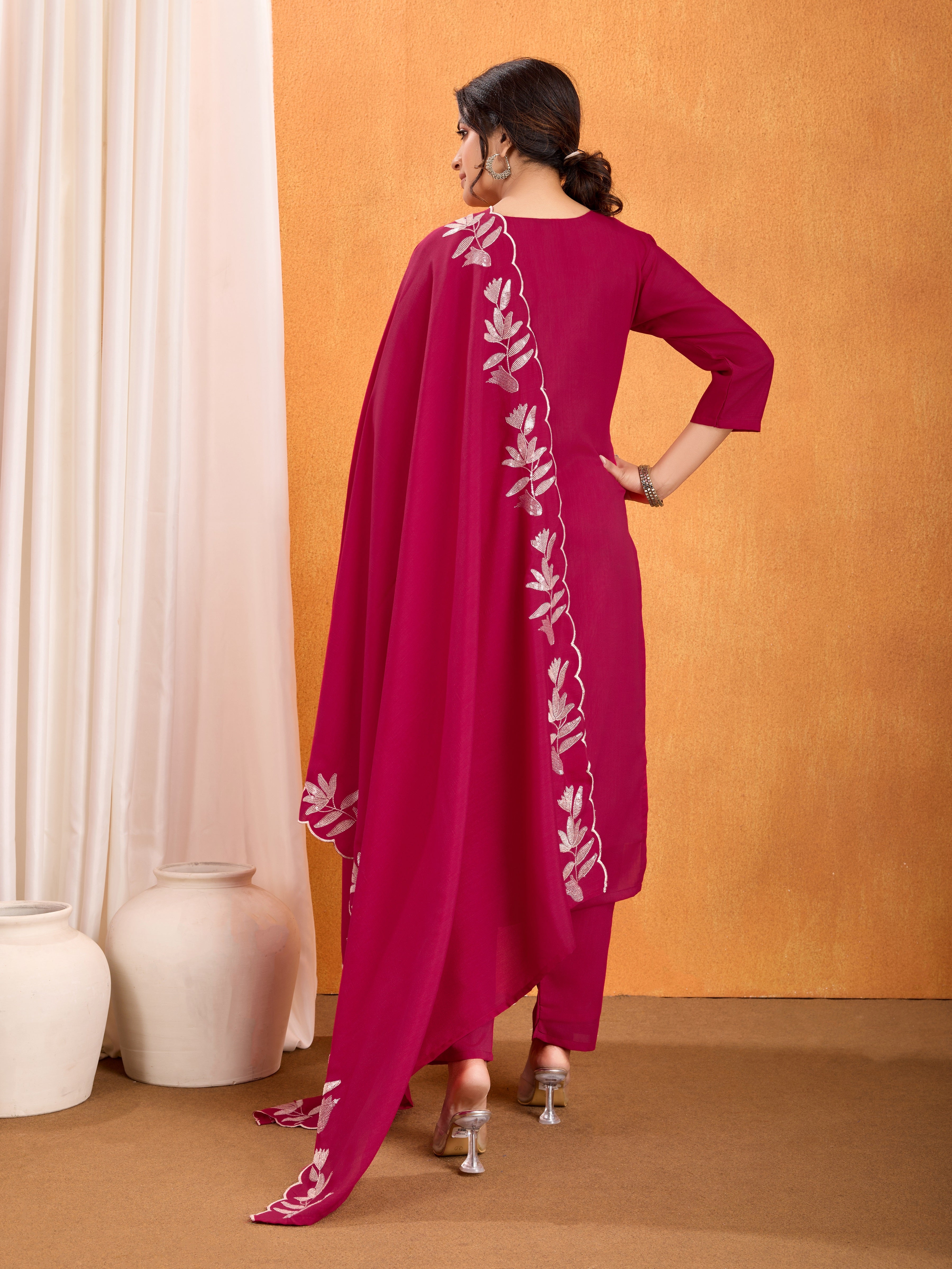Magenta Embroidery Sequined Cut Work Kurta Pant Dupatta Set for Women – Elegant & Glamorous