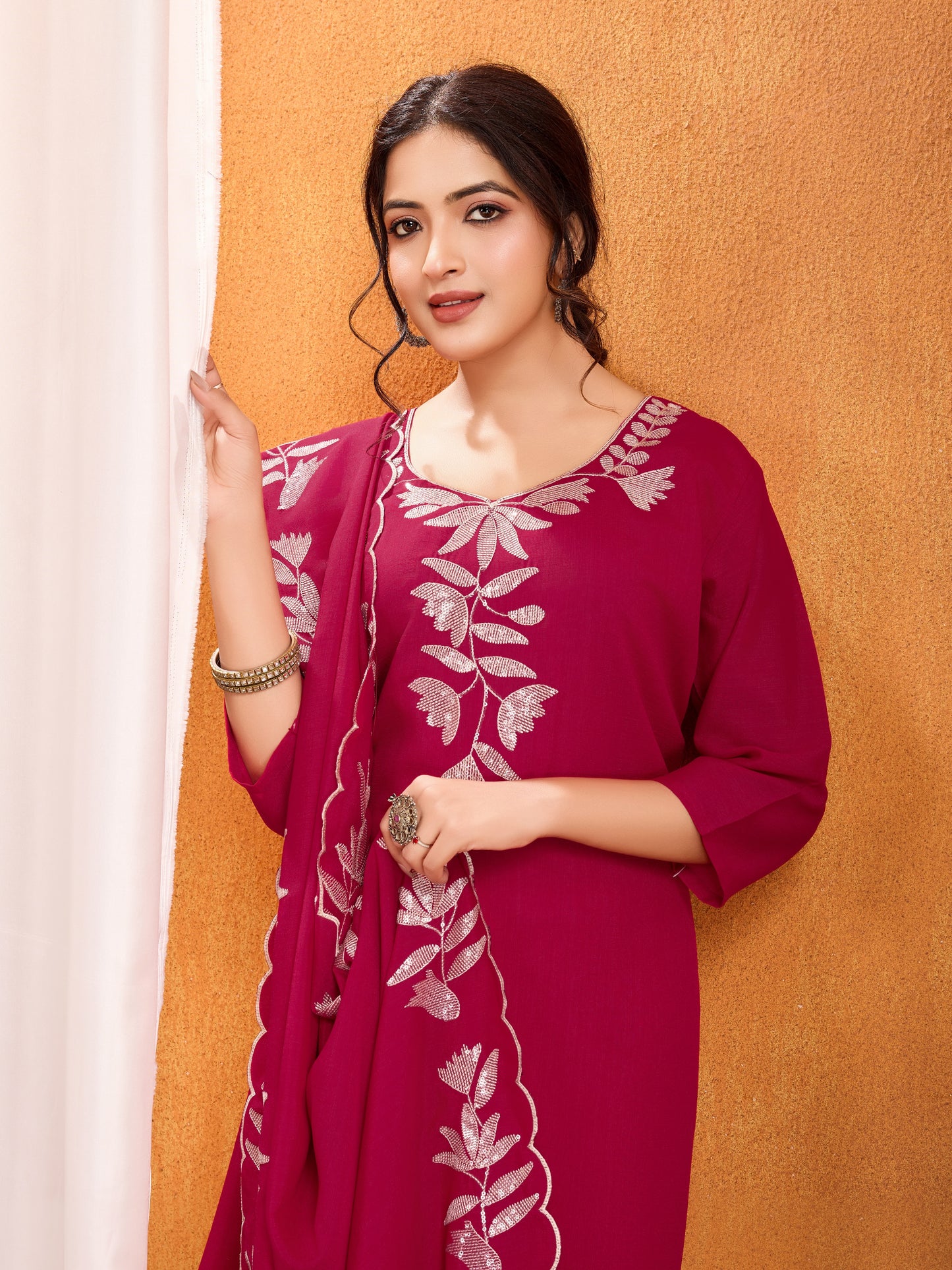 Magenta Embroidery Sequined Cut Work Kurta Pant Dupatta Set for Women – Elegant & Glamorous