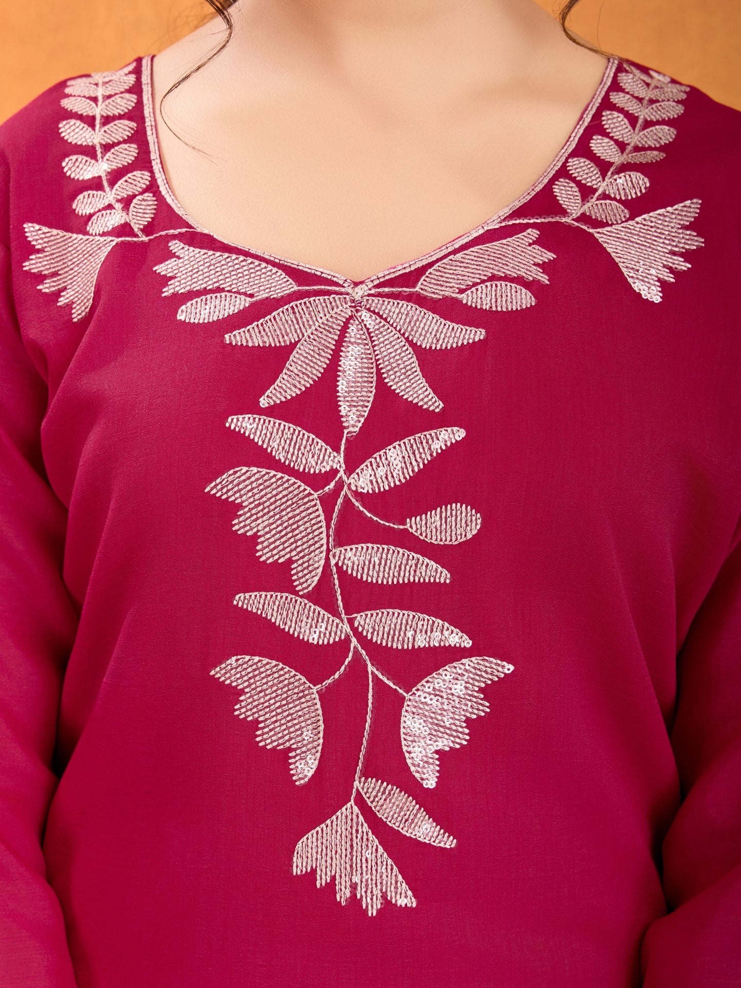 Magenta Embroidery Sequined Cut Work Kurta Pant Dupatta Set for Women – Elegant & Glamorous
