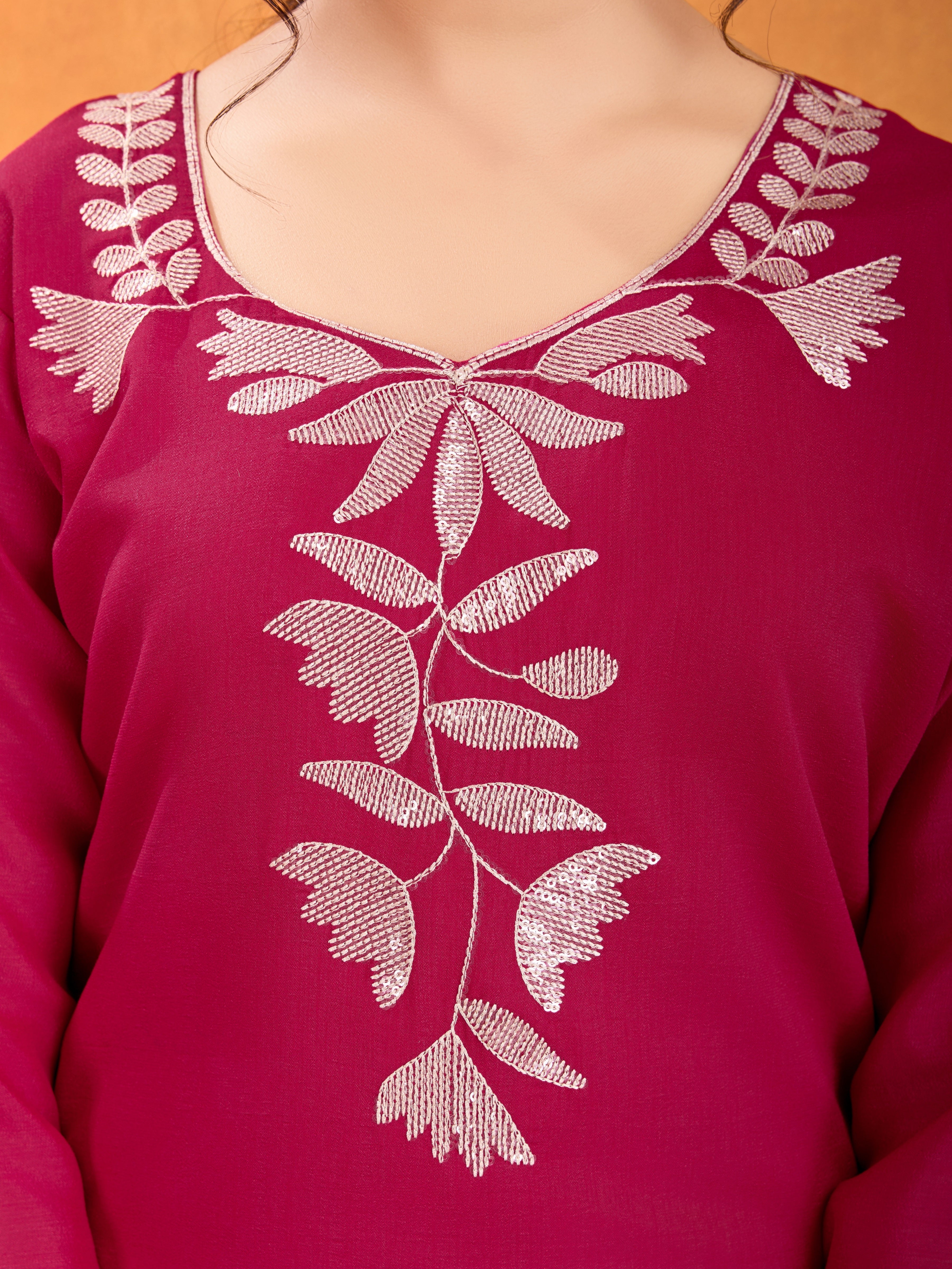 Magenta Embroidery Sequined Cut Work Kurta Pant Dupatta Set for Women – Elegant & Glamorous