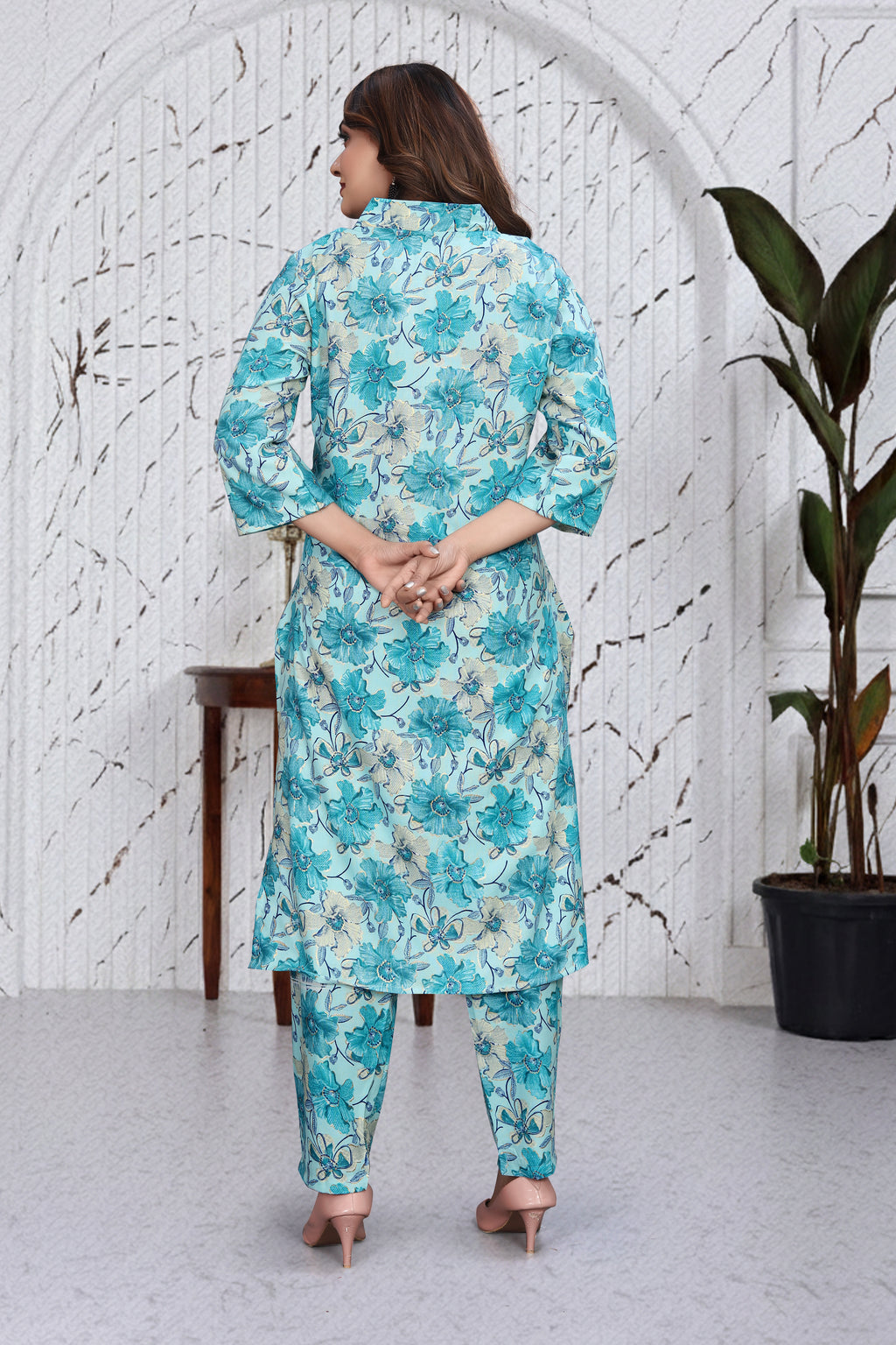 Aqua Blue Floral Co-Ord Kurti Set
