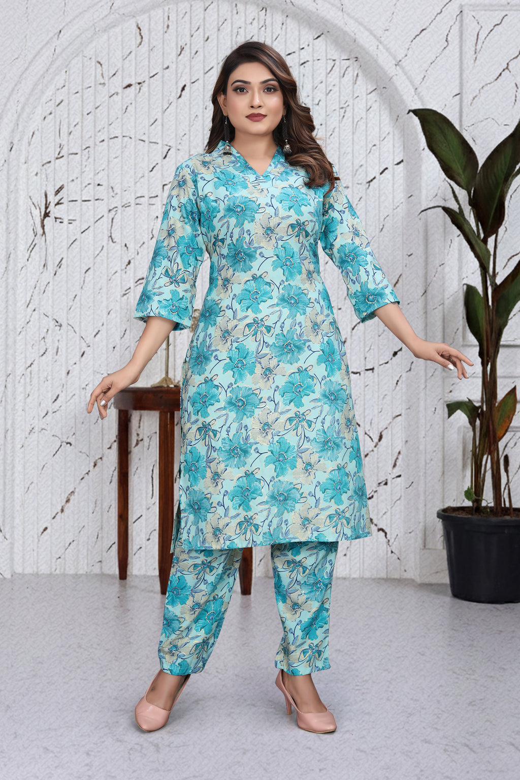 Aqua Blue Floral Co-Ord Kurti Set