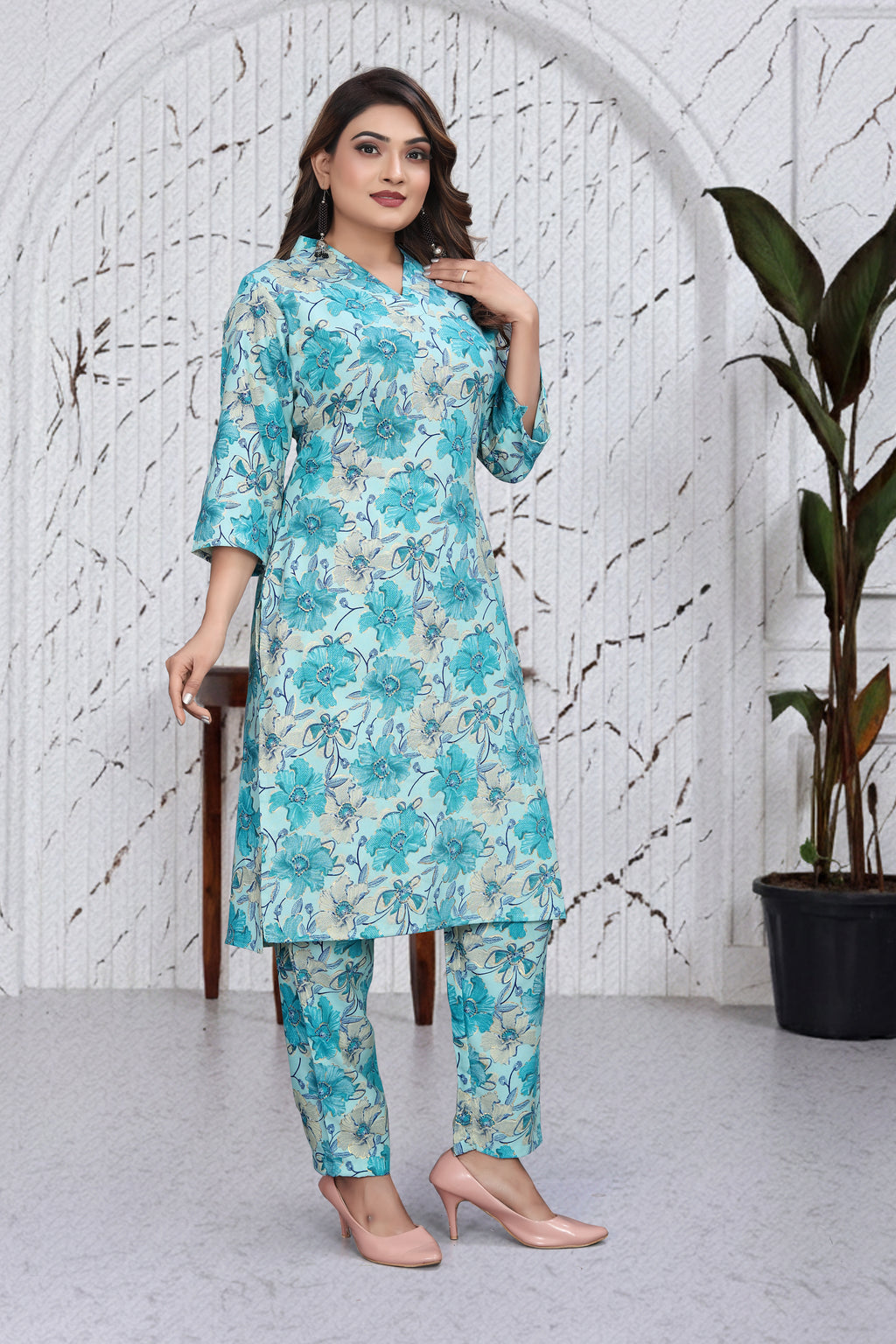 Aqua Blue Floral Co-Ord Kurti Set