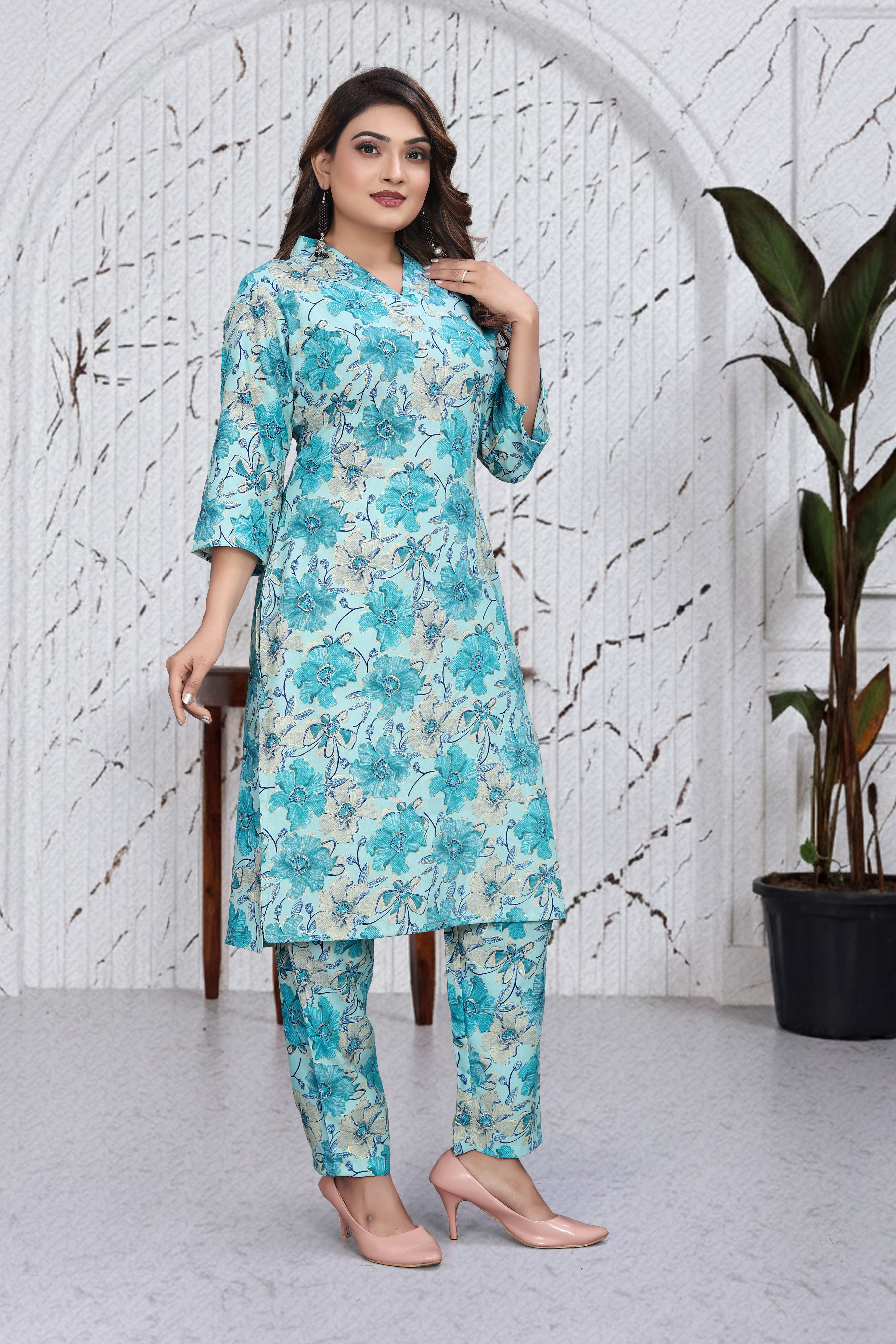 Aqua Blue Floral Co-Ord Kurti Set
