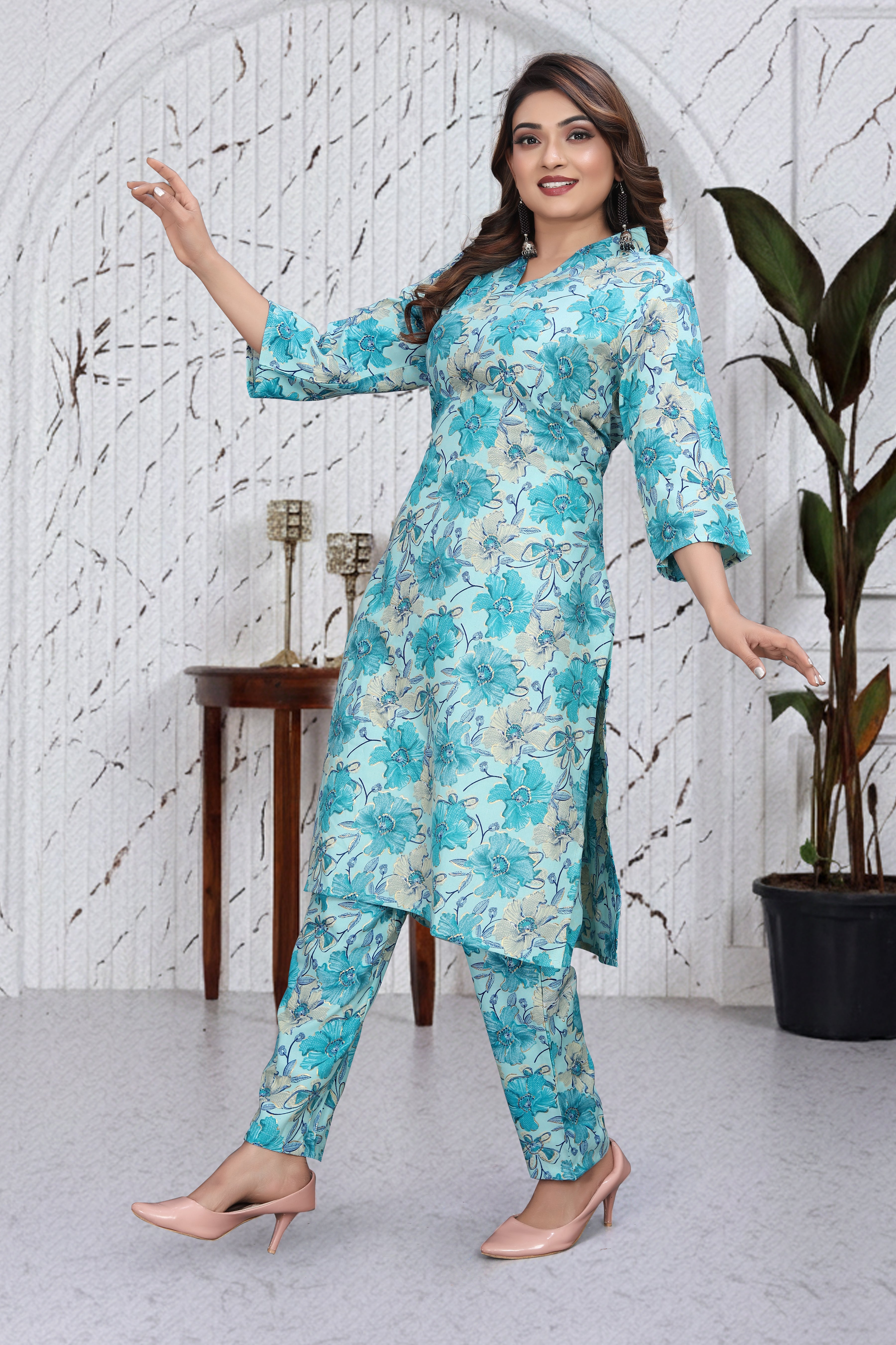 Aqua Blue Floral Co-Ord Kurti Set