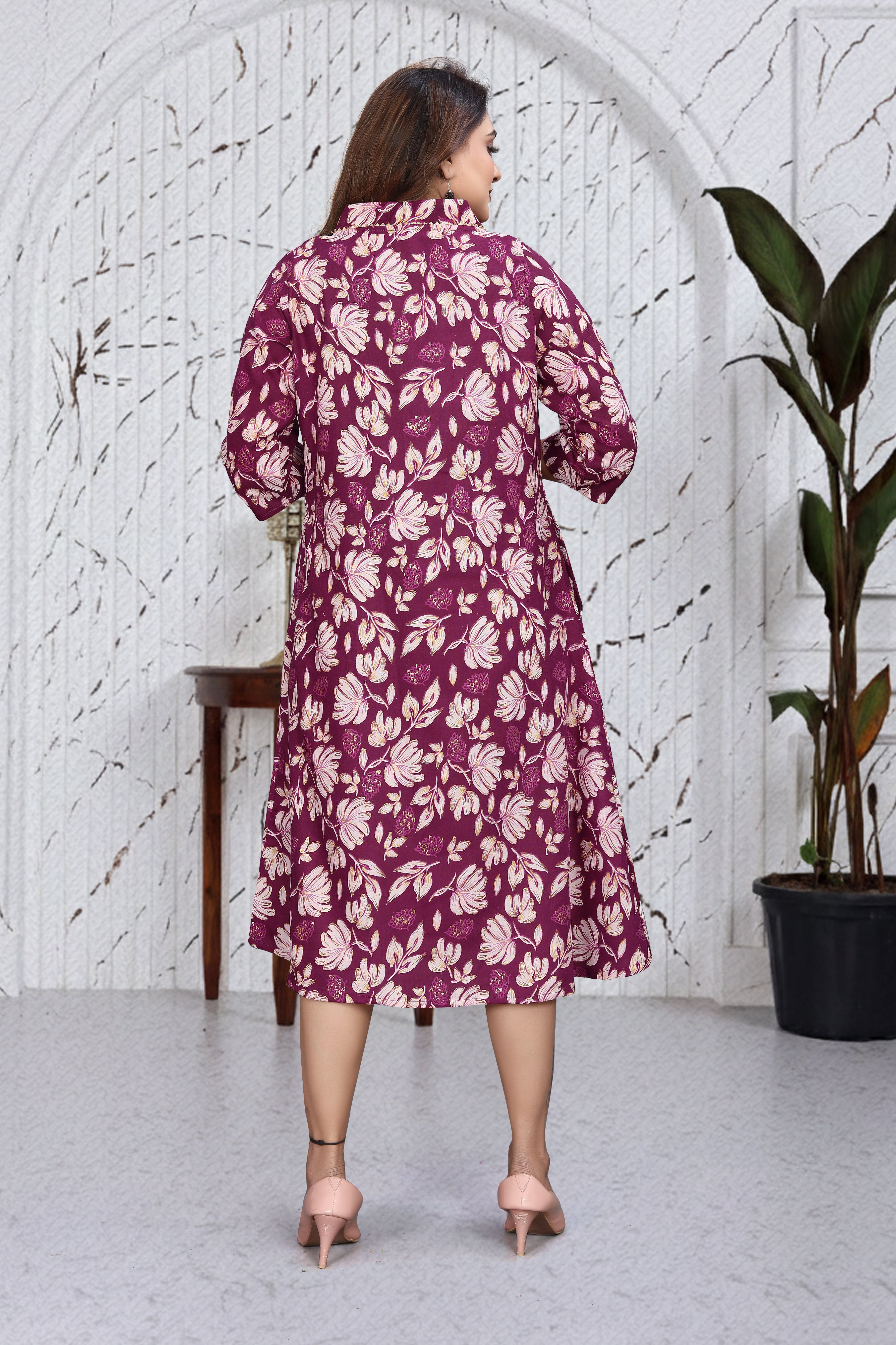 Wine Floral A-Line Kurti Dress