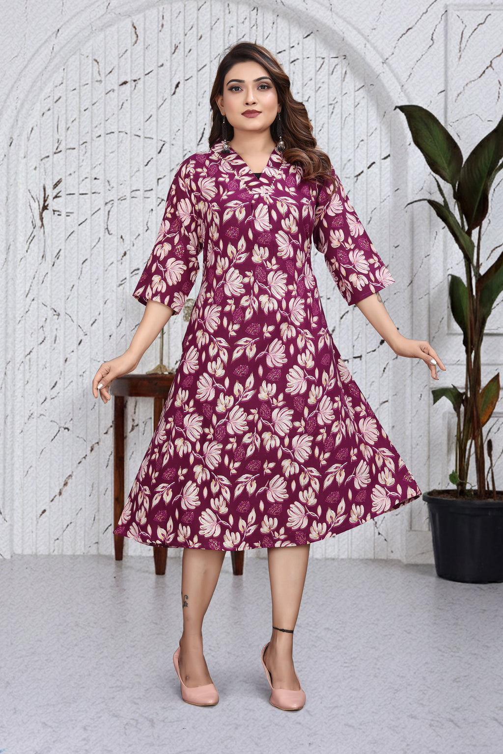 Wine Floral A-Line Kurti Dress