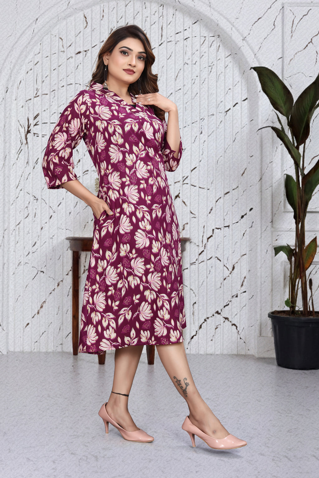 Wine Floral A-Line Kurti Dress