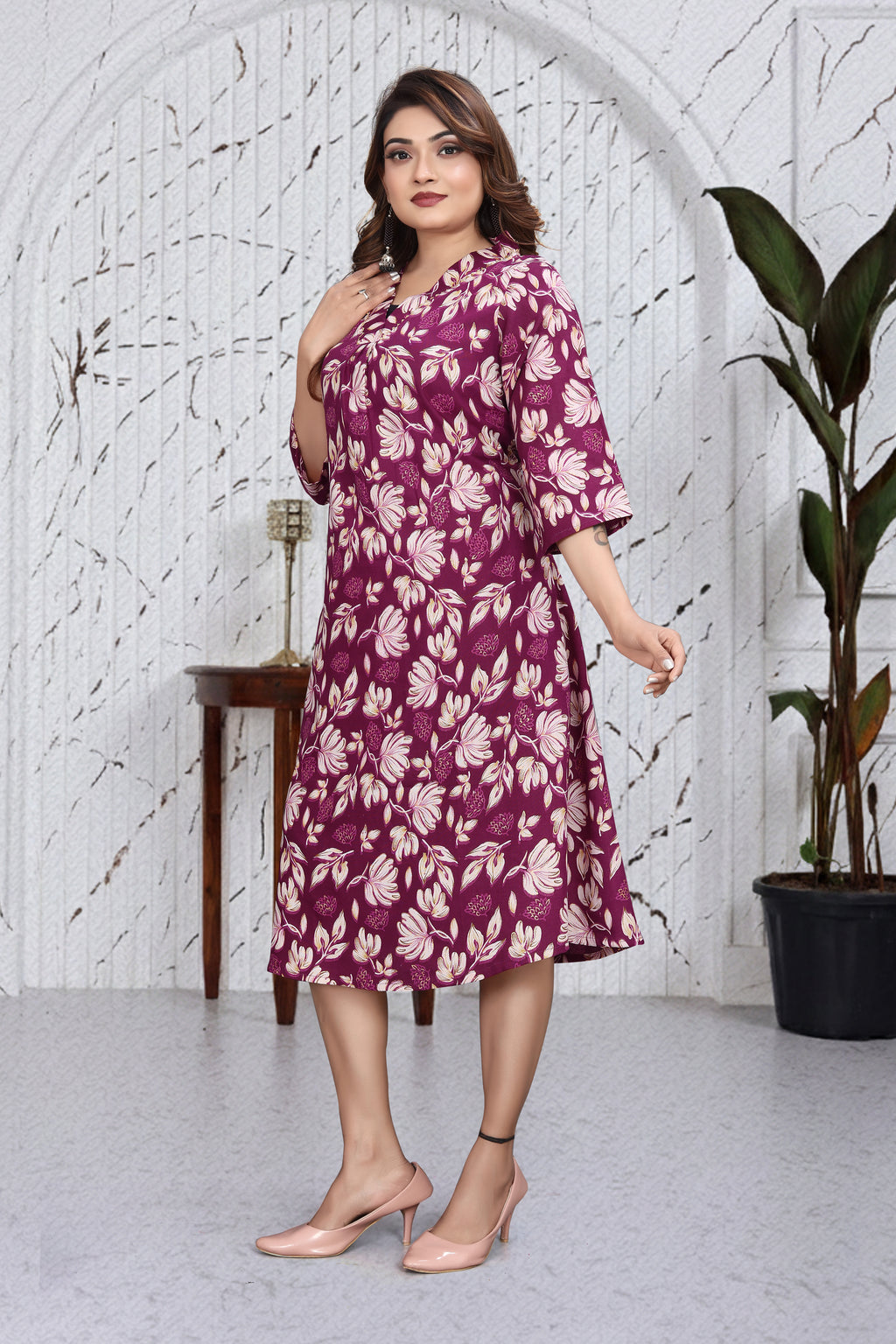 Wine Floral A-Line Kurti Dress