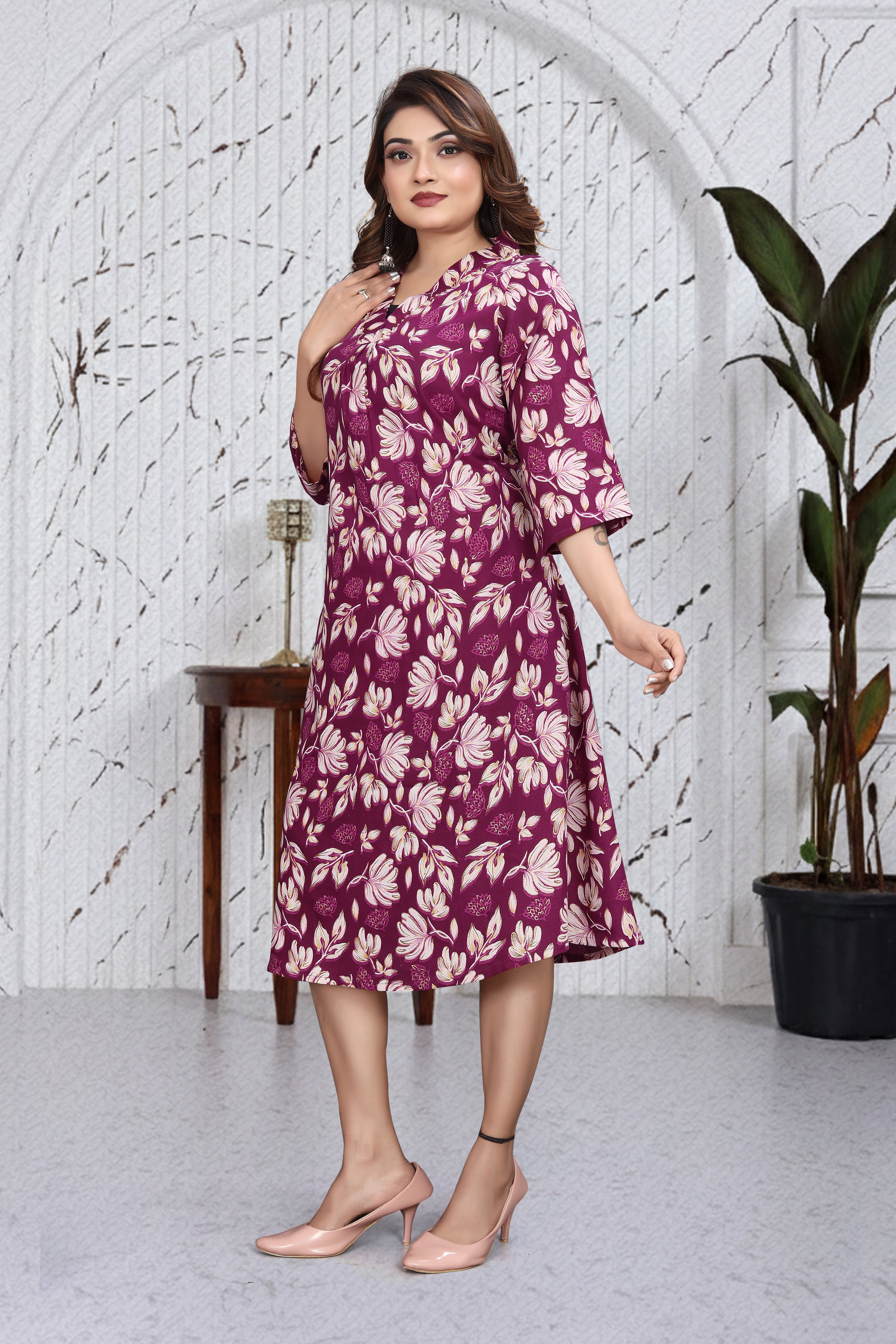 Wine Floral A-Line Kurti Dress