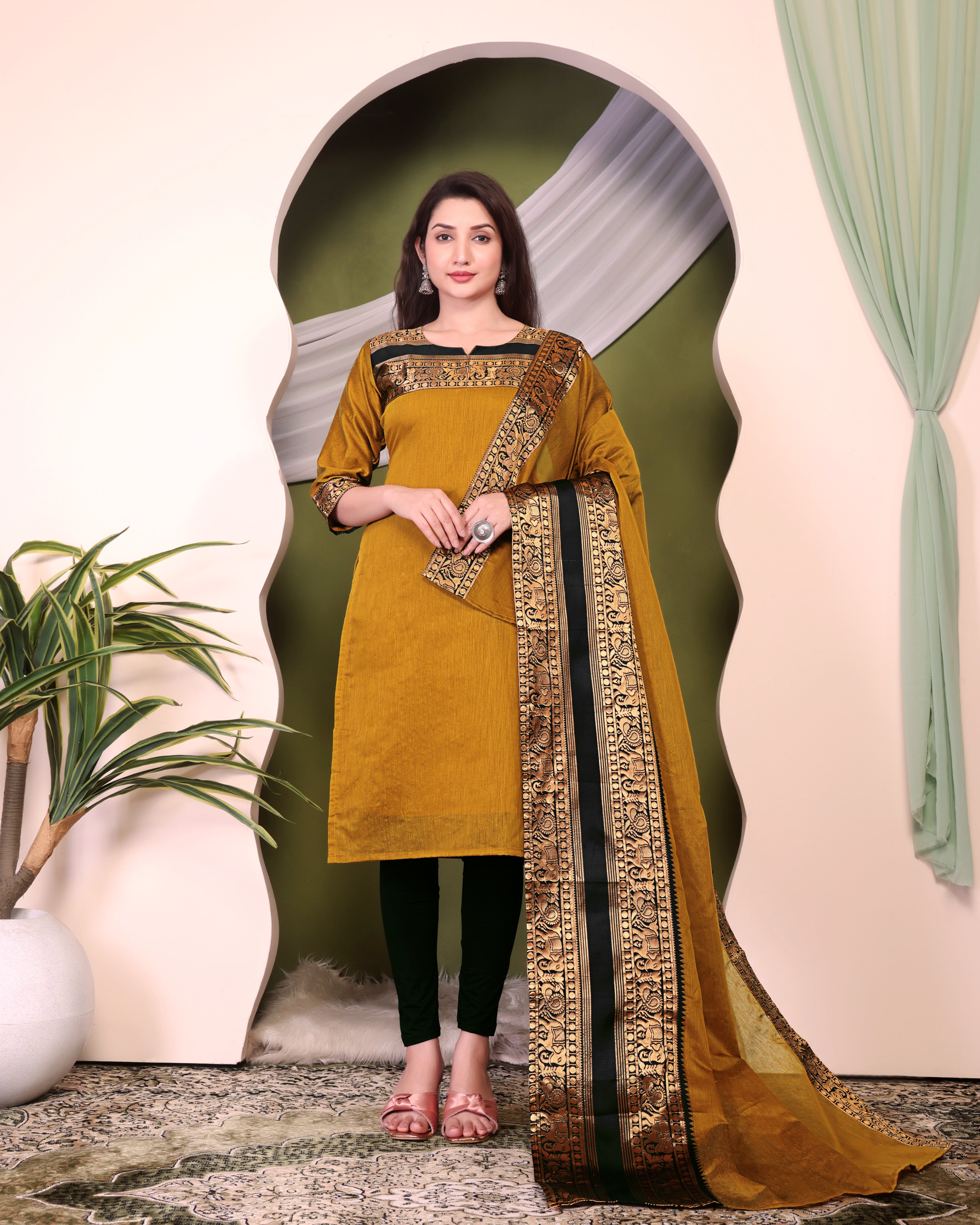 Royal Mustard Kanchi Cotton Kurti Set with Antique Zari Dupatta