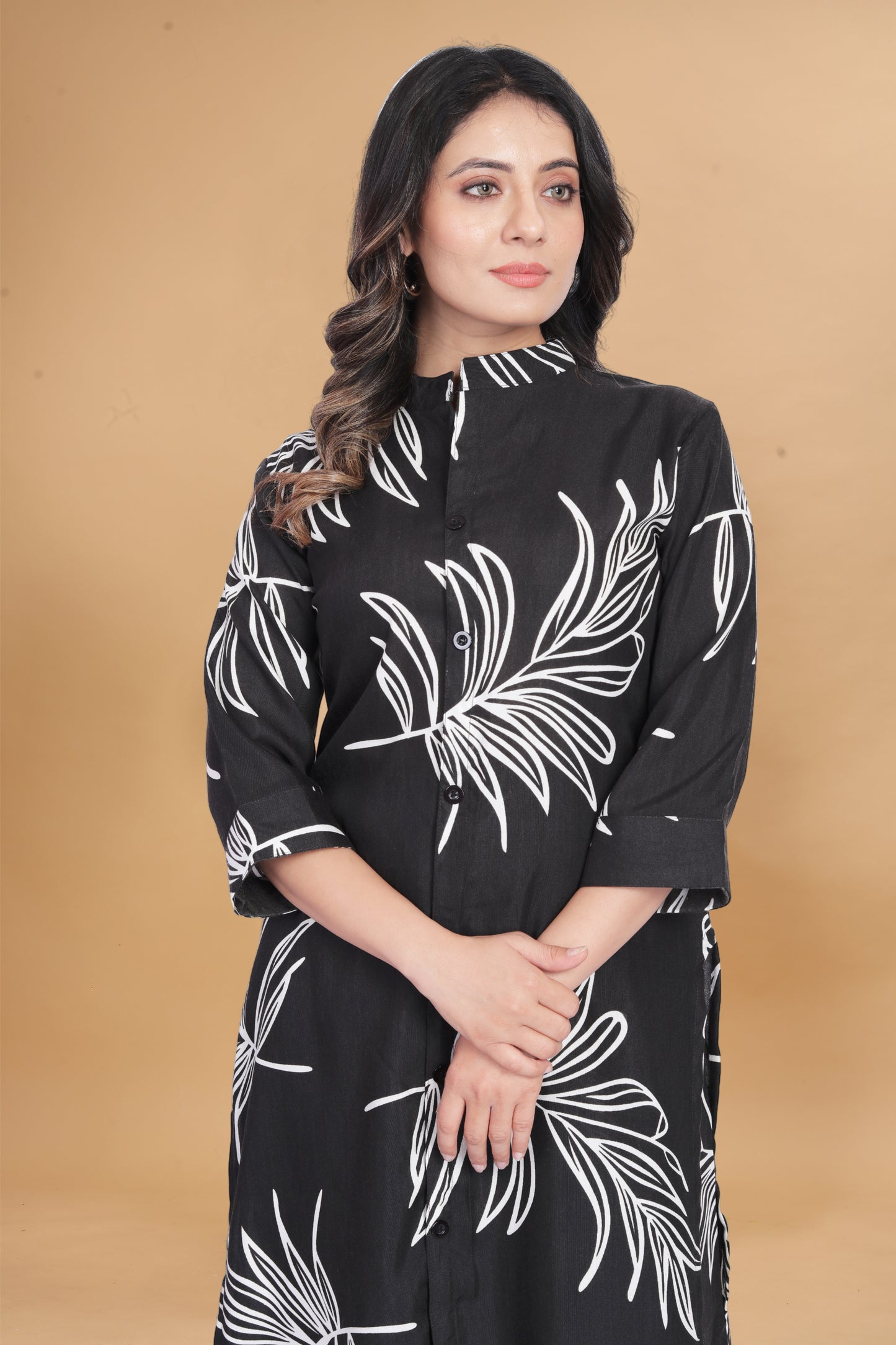Black Leaf Print Kurta Palazzo Set for Women | Elegant & Chic Outfit