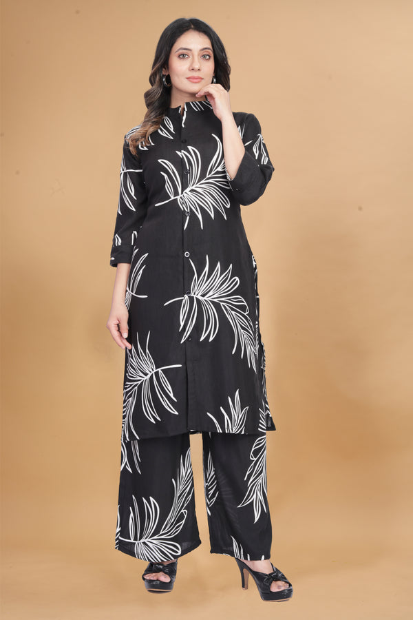 Black Leaf Print Kurta Palazzo Set for Women | Elegant & Chic Outfit