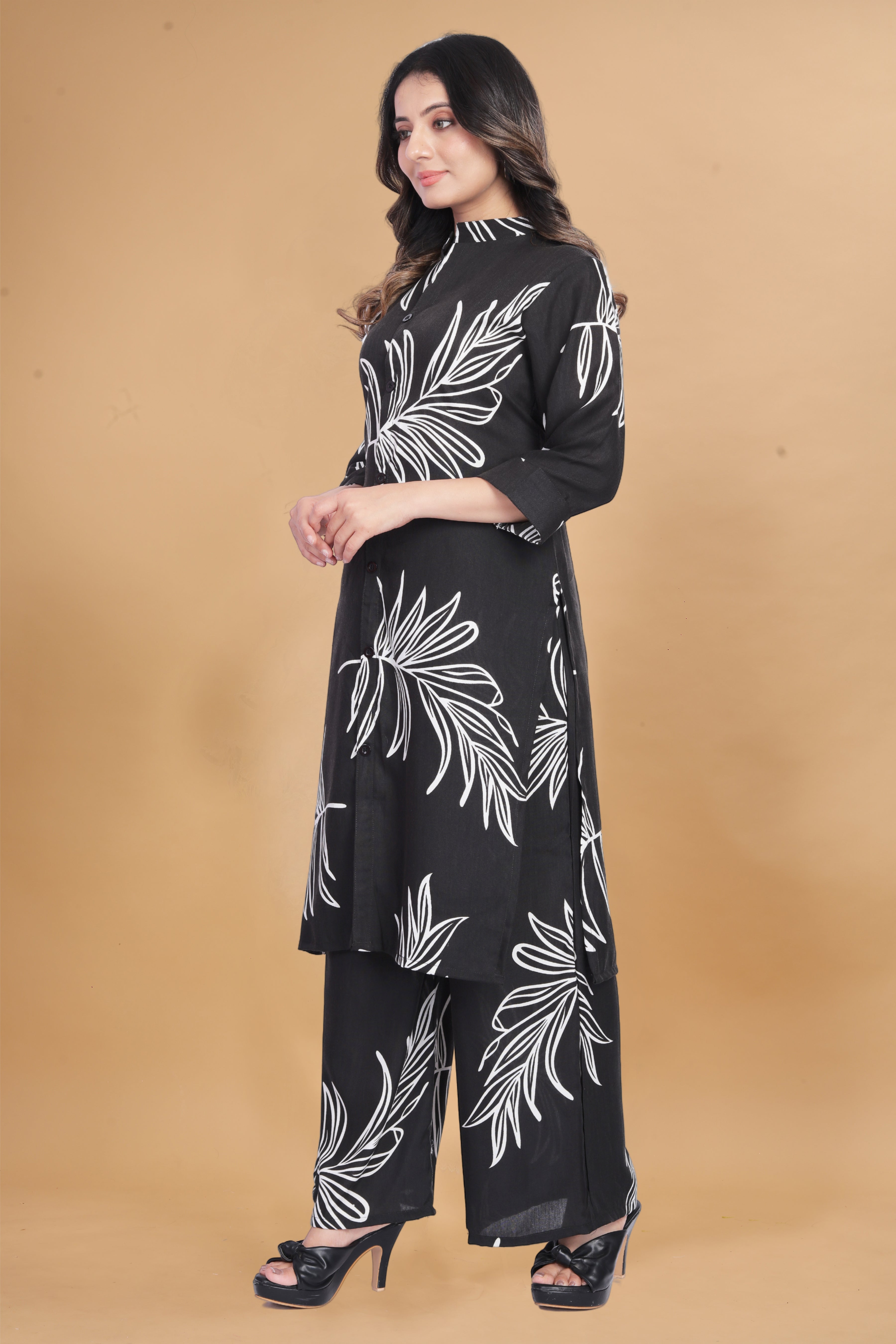 Black Leaf Print Kurta Palazzo Set for Women | Elegant & Chic Outfit