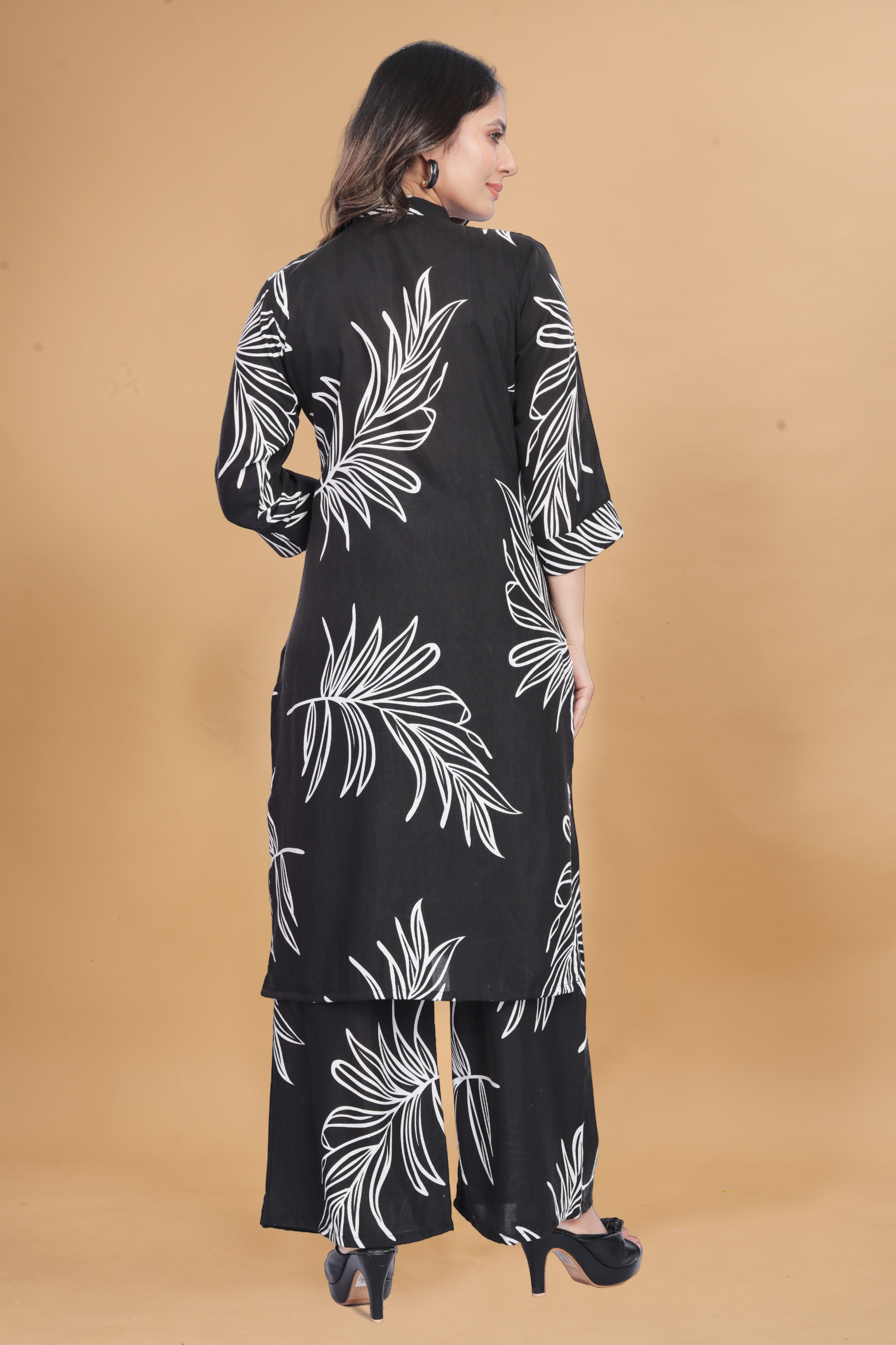 Black Leaf Print Kurta Palazzo Set for Women | Elegant & Chic Outfit