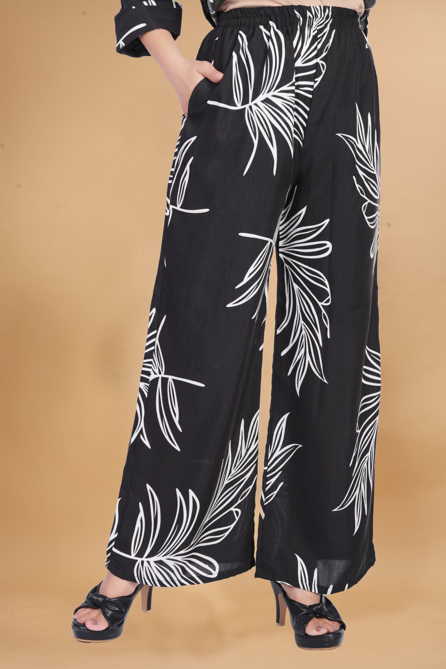 Black Leaf Print Kurta Palazzo Set for Women | Elegant & Chic Outfit