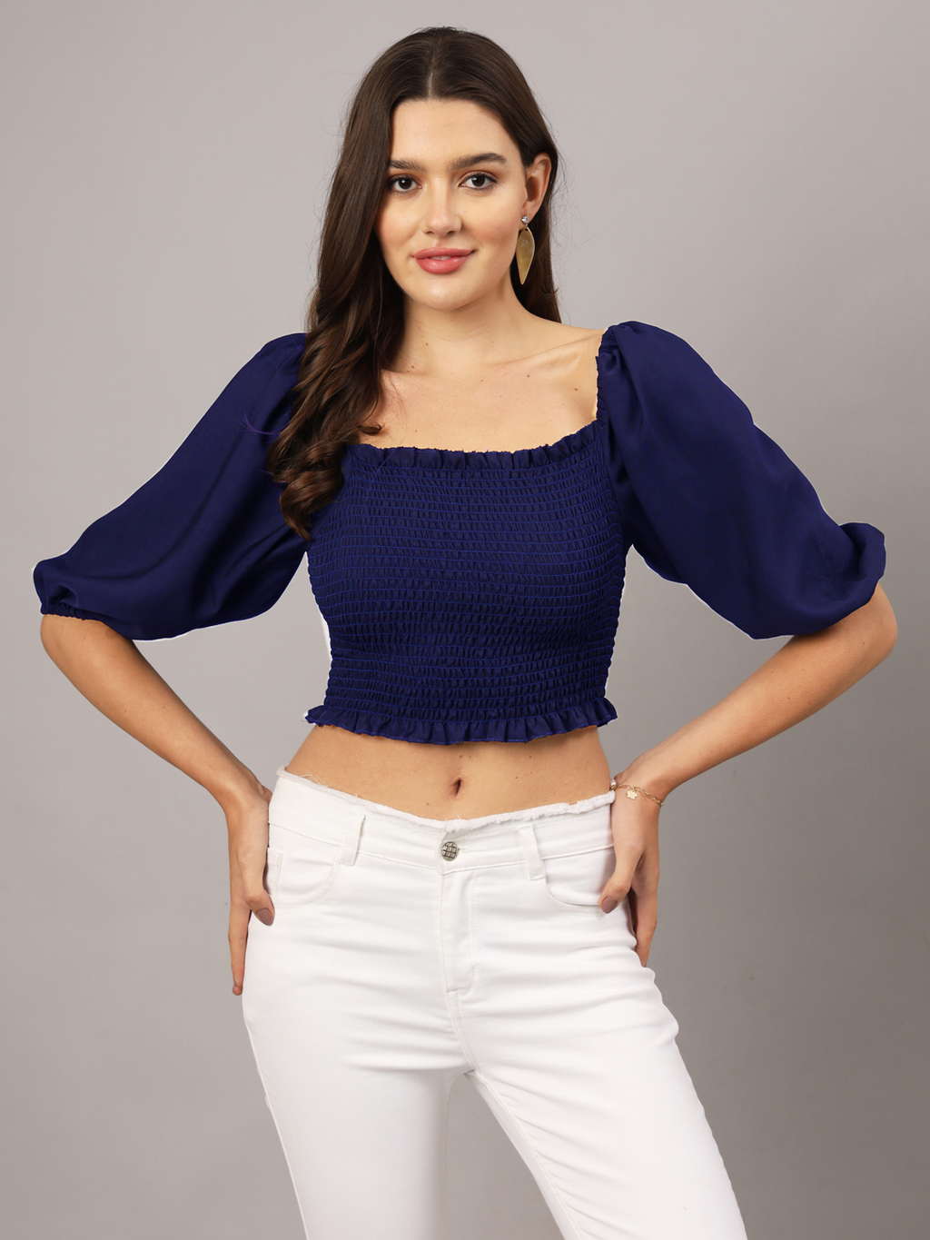 Blue Crepe Smocked Balloon Sleeve Top | Stylish Peasant Crop Top