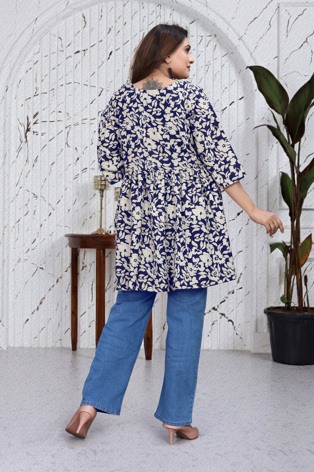 Navy Floral Flared Top | Stylish Loose Fit Casual Wear