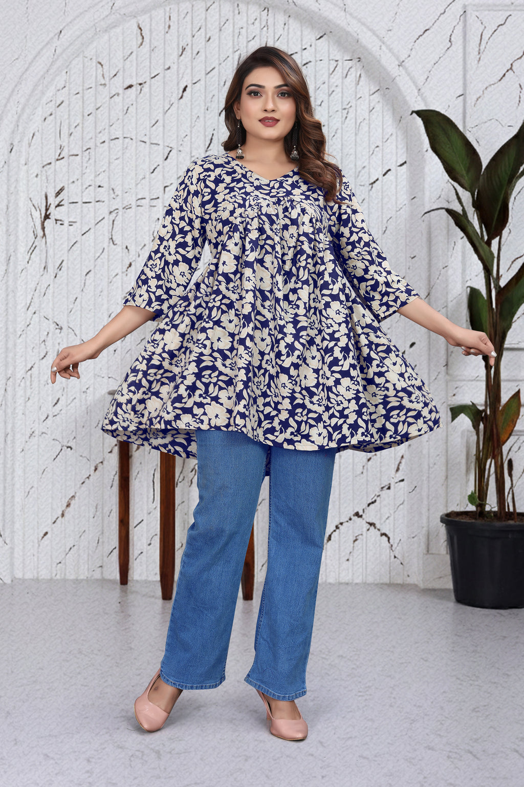 Navy Floral Flared Top | Stylish Loose Fit Casual Wear