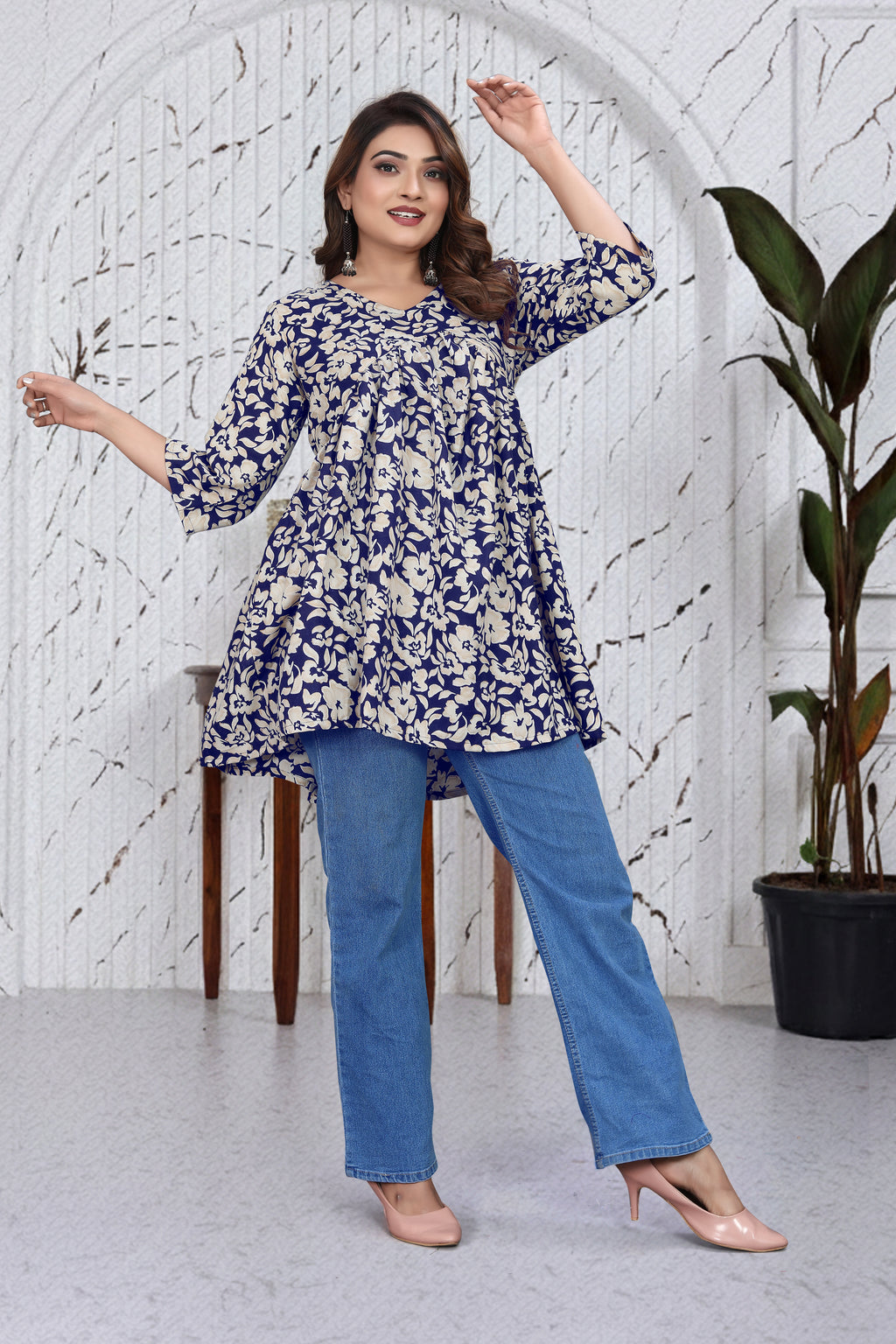 Navy Floral Flared Top | Stylish Loose Fit Casual Wear