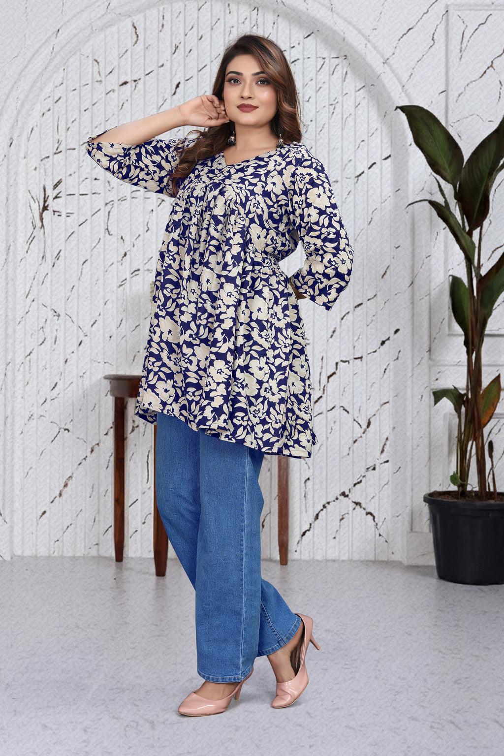 Navy Floral Flared Top | Stylish Loose Fit Casual Wear