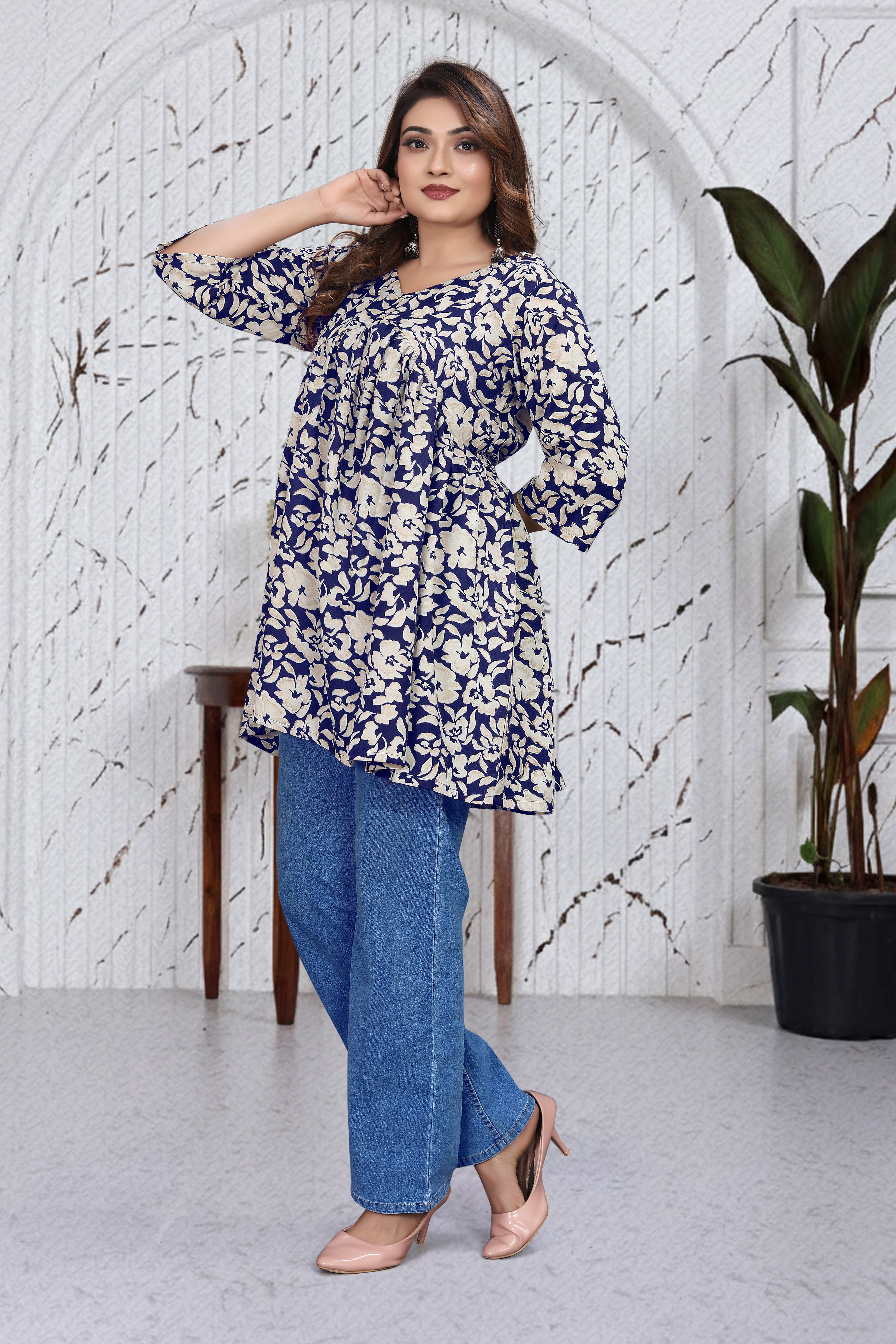 Navy Floral Flared Top | Stylish Loose Fit Casual Wear