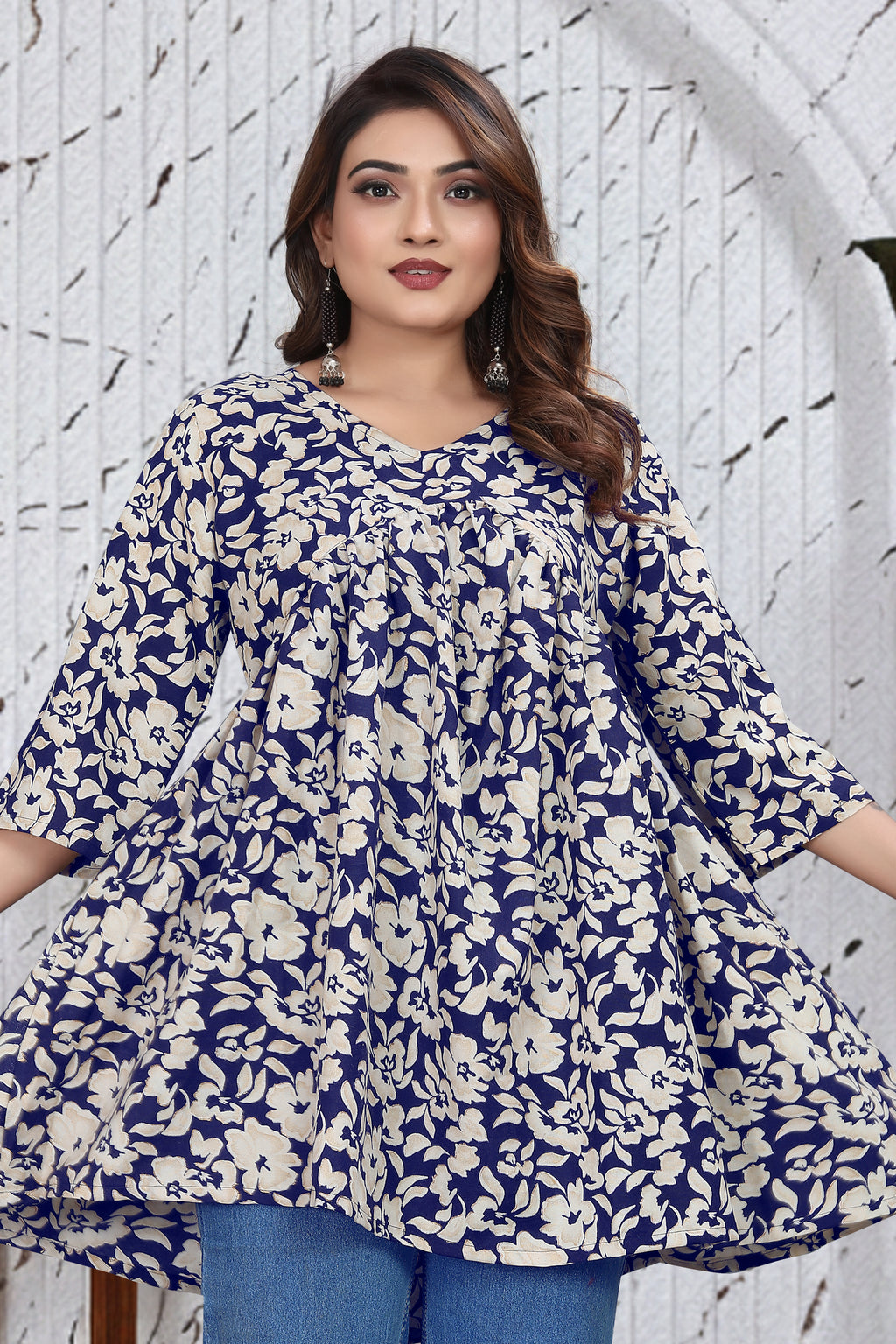 Navy Floral Flared Top | Stylish Loose Fit Casual Wear
