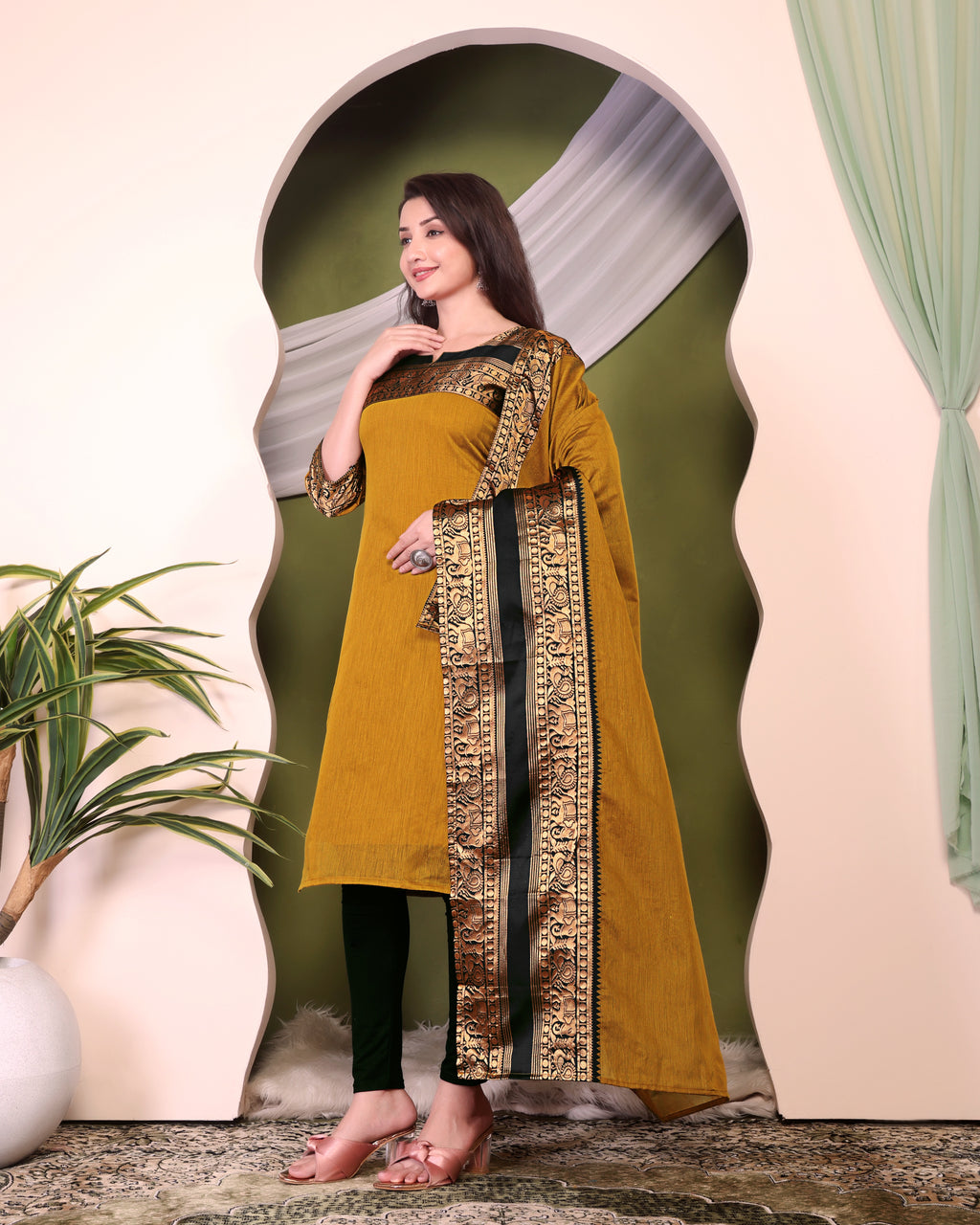 Royal Mustard Kanchi Cotton Kurti Set with Antique Zari Dupatta