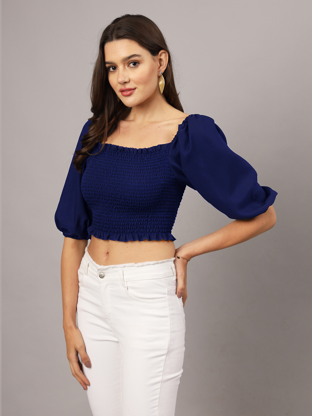 Blue Crepe Smocked Balloon Sleeve Top | Stylish Peasant Crop Top