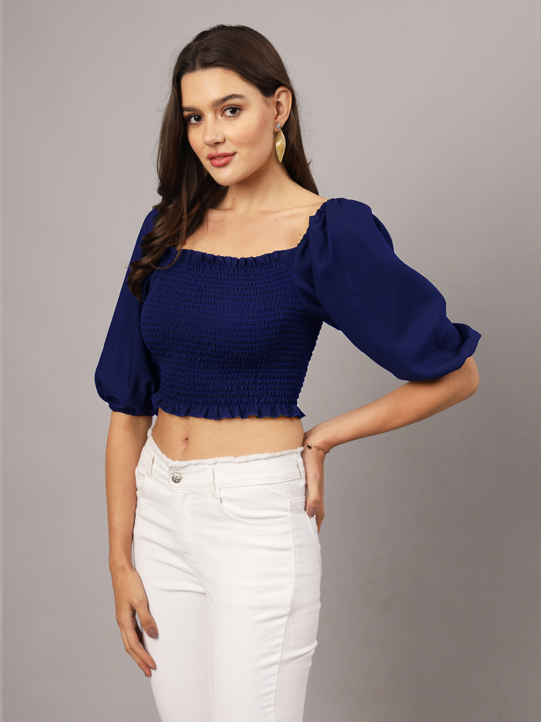 Blue Crepe Smocked Balloon Sleeve Top | Stylish Peasant Crop Top