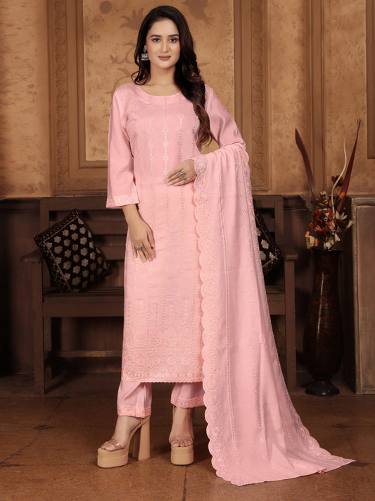 Pink Embroidered Sequinned Kurta Set with Dupatta – Elegant Ethnic Wear for Women
