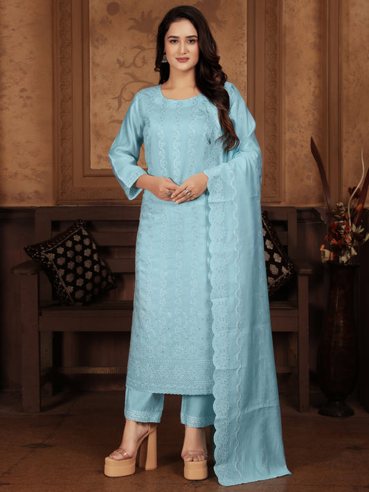 Blue Embroidered Sequinned Kurta Set with Dupatta – Elegant Ethnic Wear for Women
