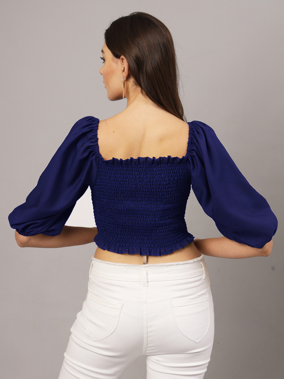 Blue Crepe Smocked Balloon Sleeve Top | Stylish Peasant Crop Top