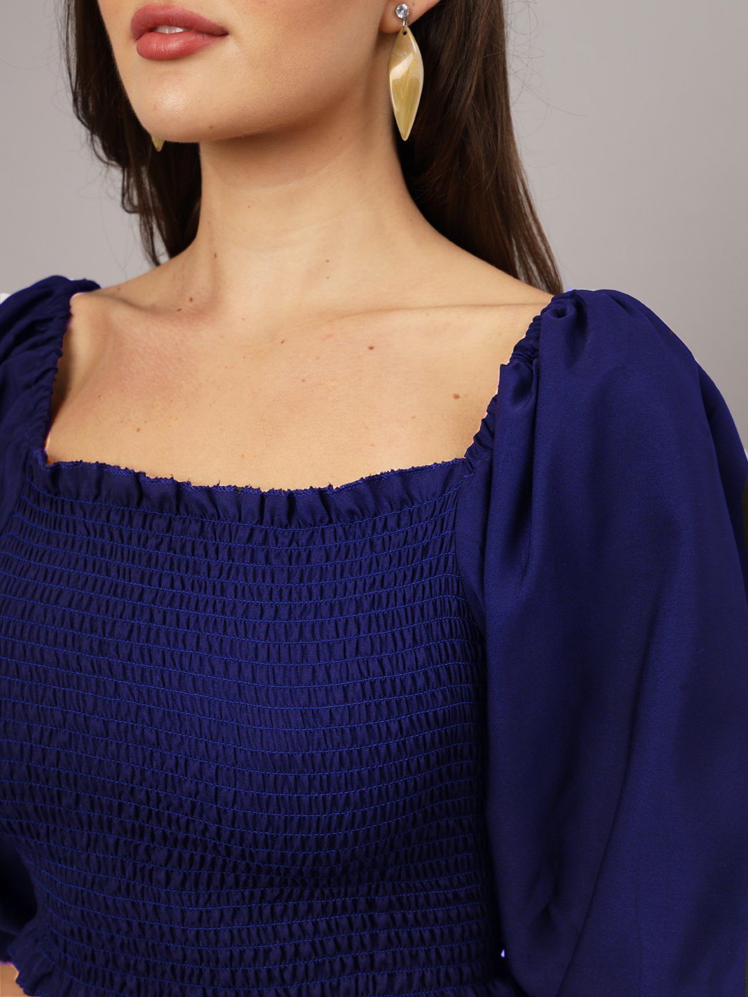 Blue Crepe Smocked Balloon Sleeve Top | Stylish Peasant Crop Top