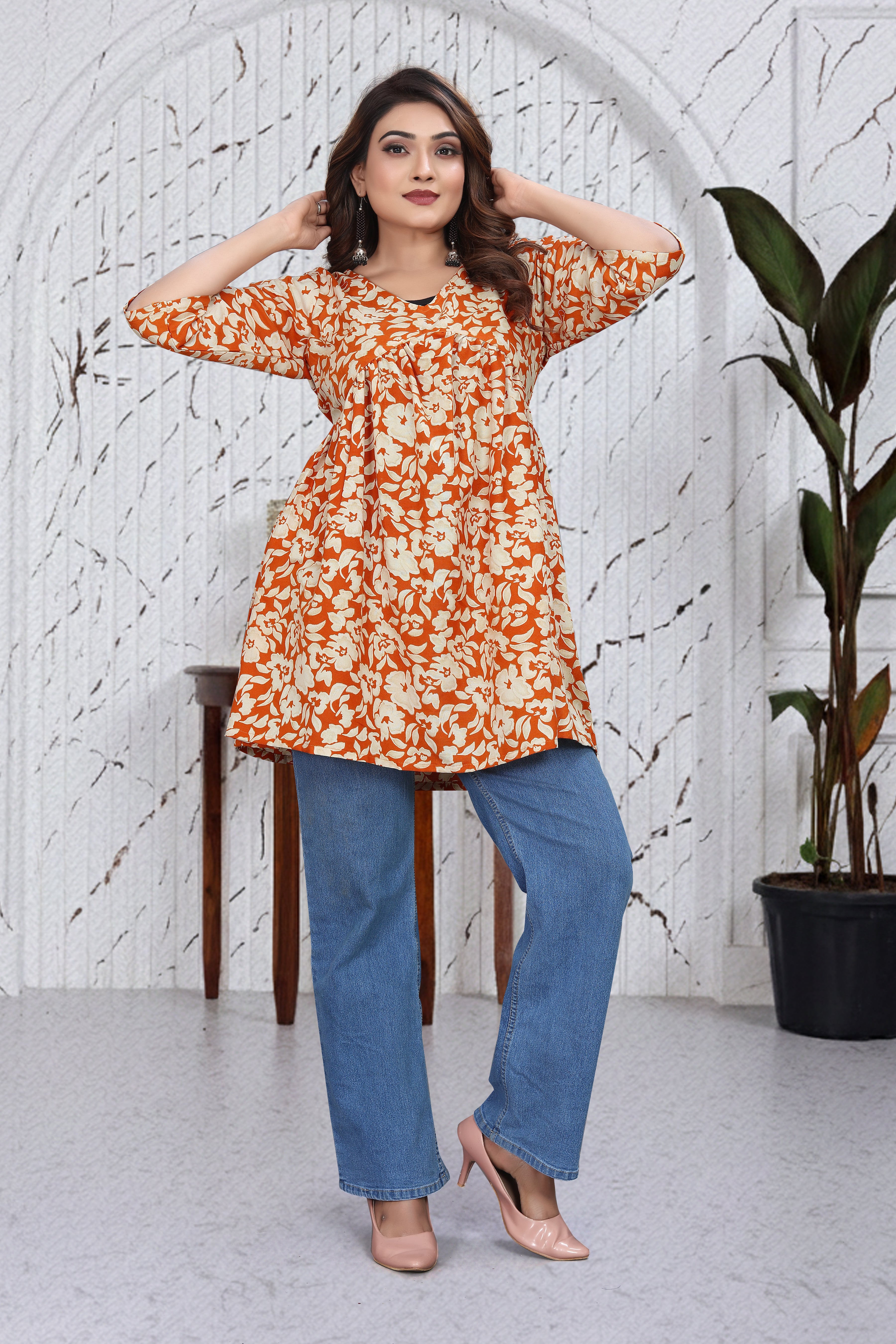 Orange Floral Loose Fit Top