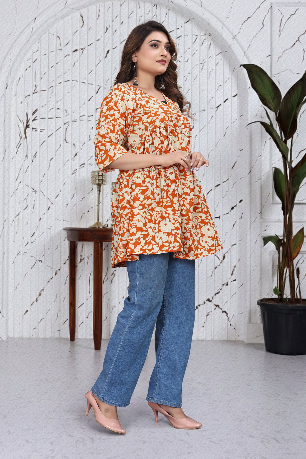 Orange Floral Loose Fit Top
