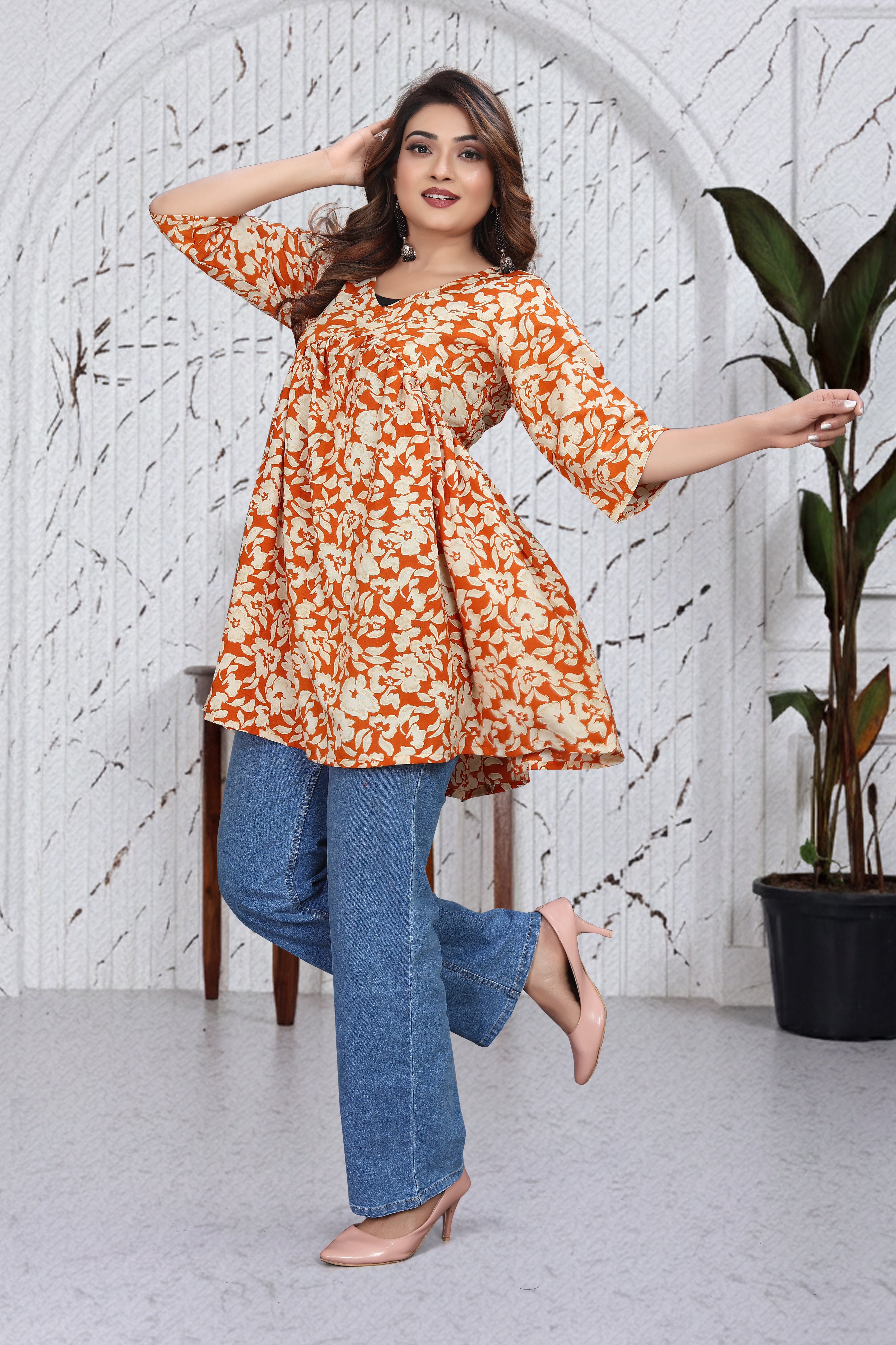 Orange Floral Loose Fit Top