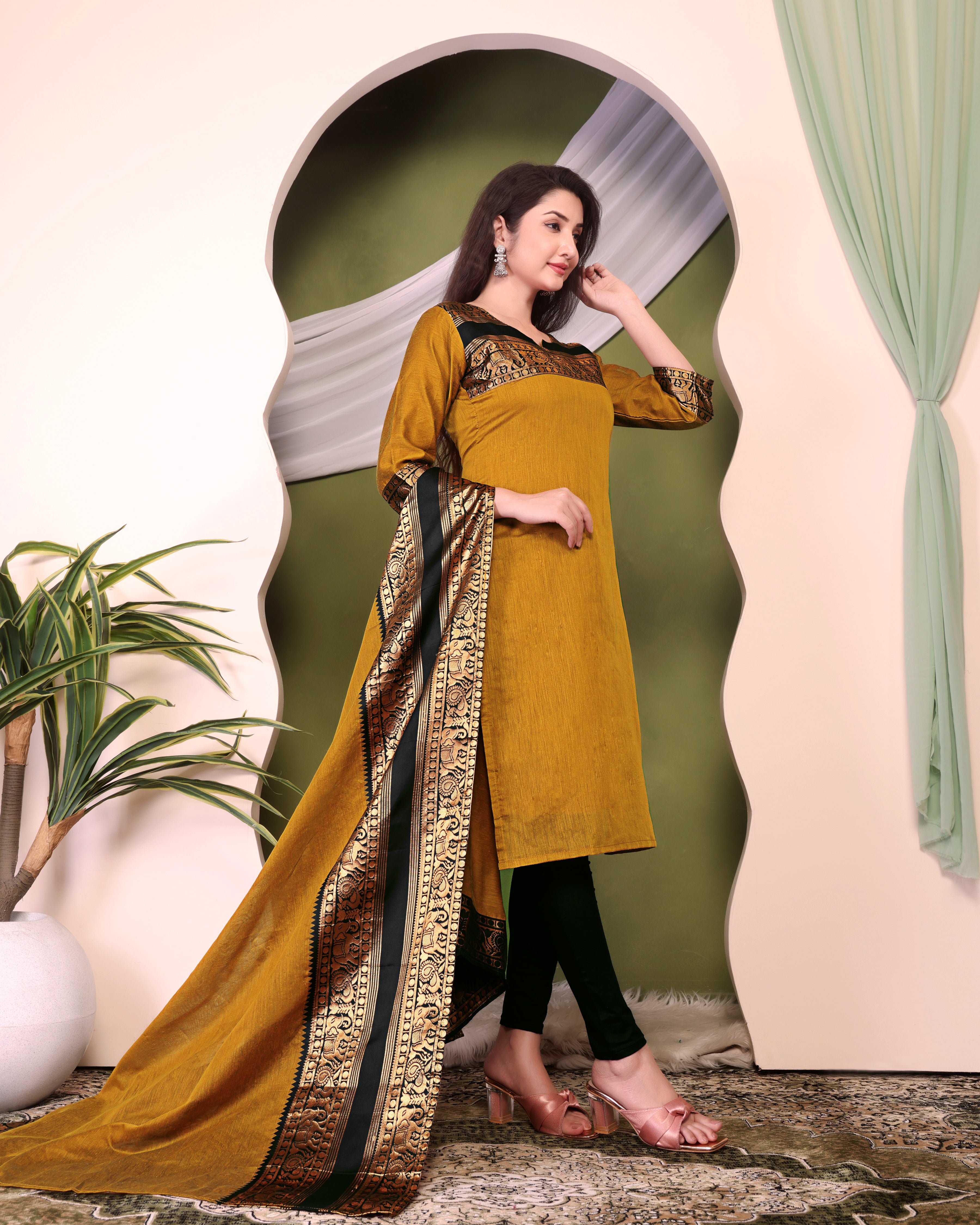 Royal Mustard Kanchi Cotton Kurti Set with Antique Zari Dupatta