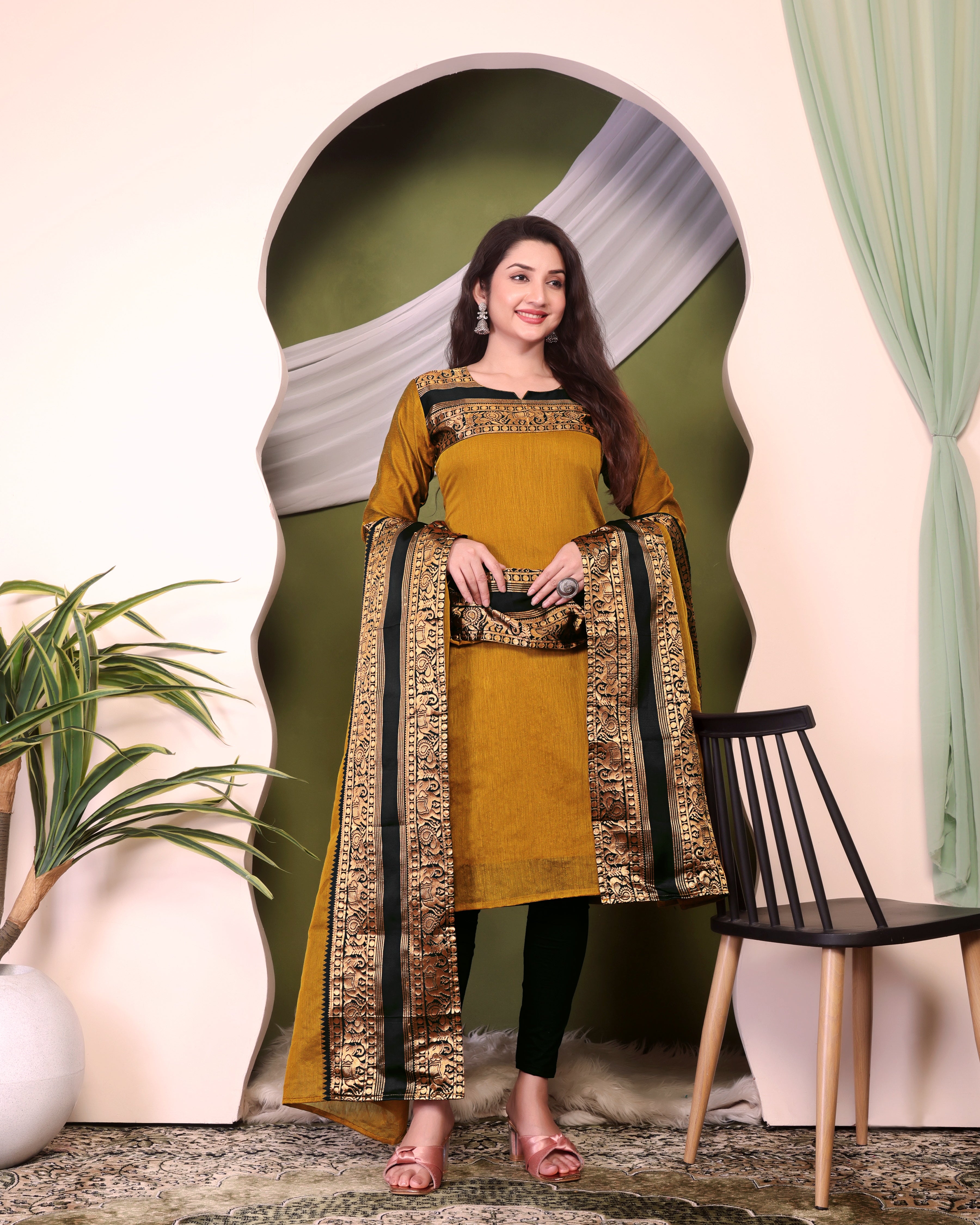 Royal Mustard Kanchi Cotton Kurti Set with Antique Zari Dupatta