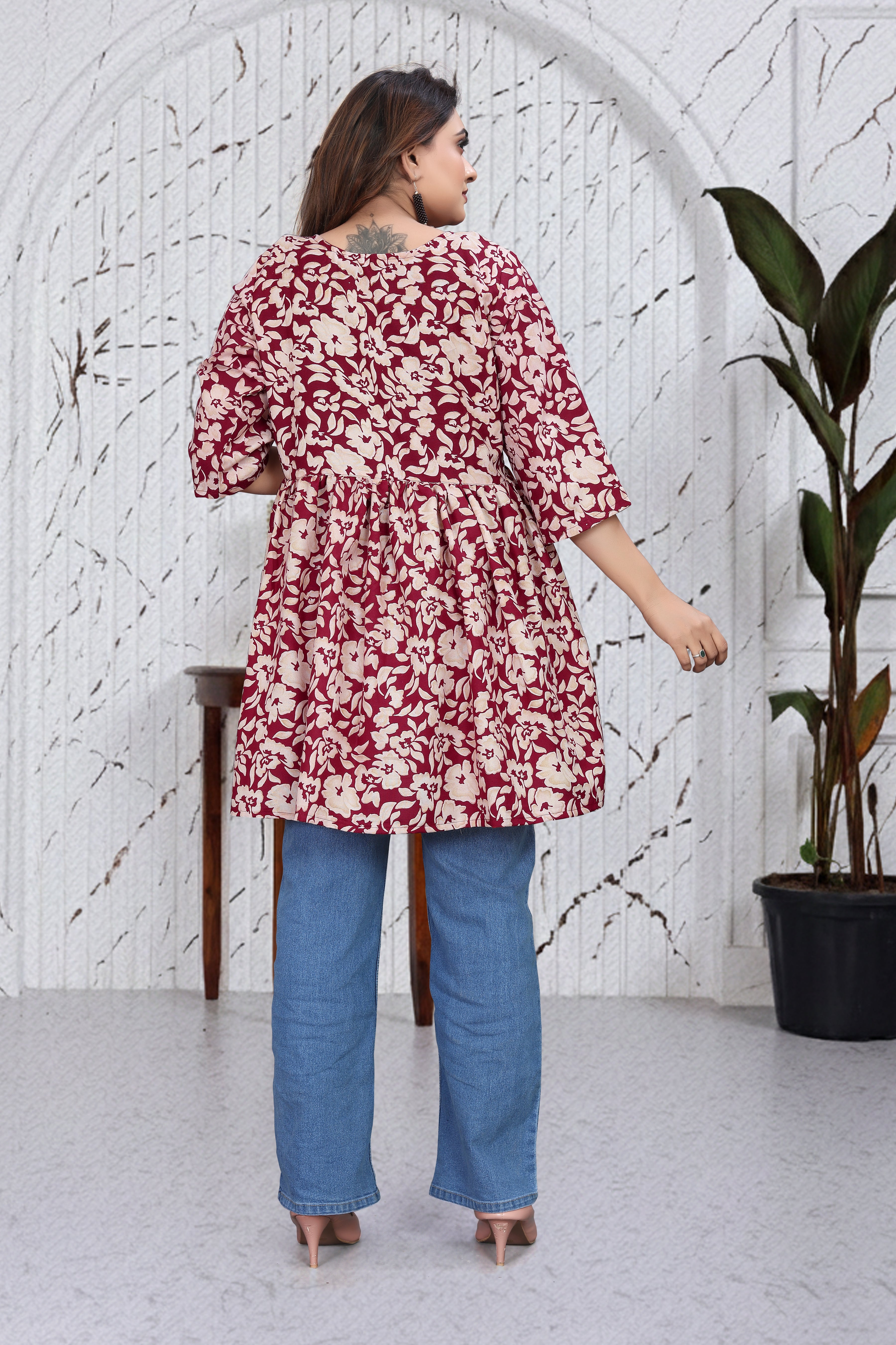 Maroon Floral Flared Top