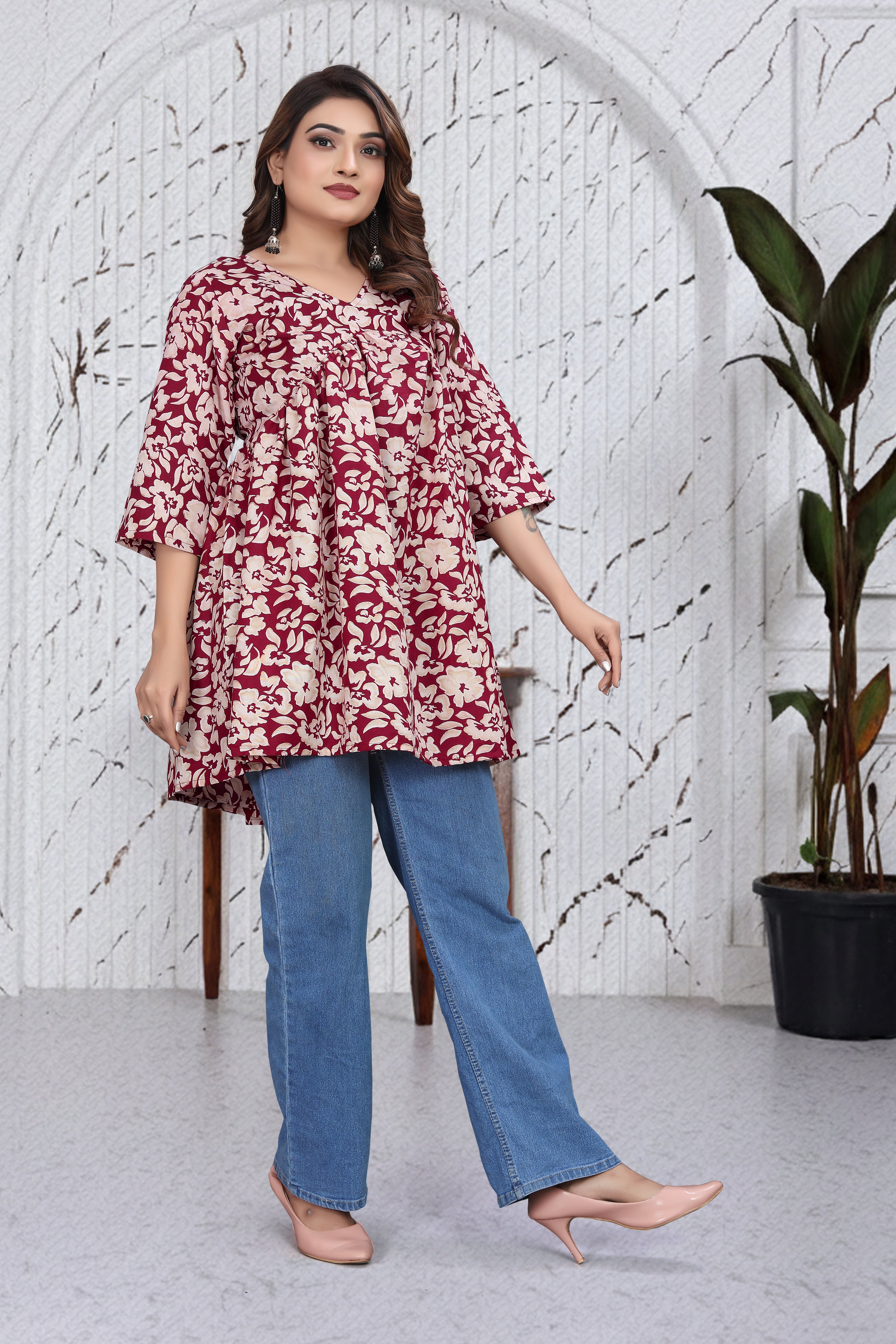 Maroon Floral Flared Top