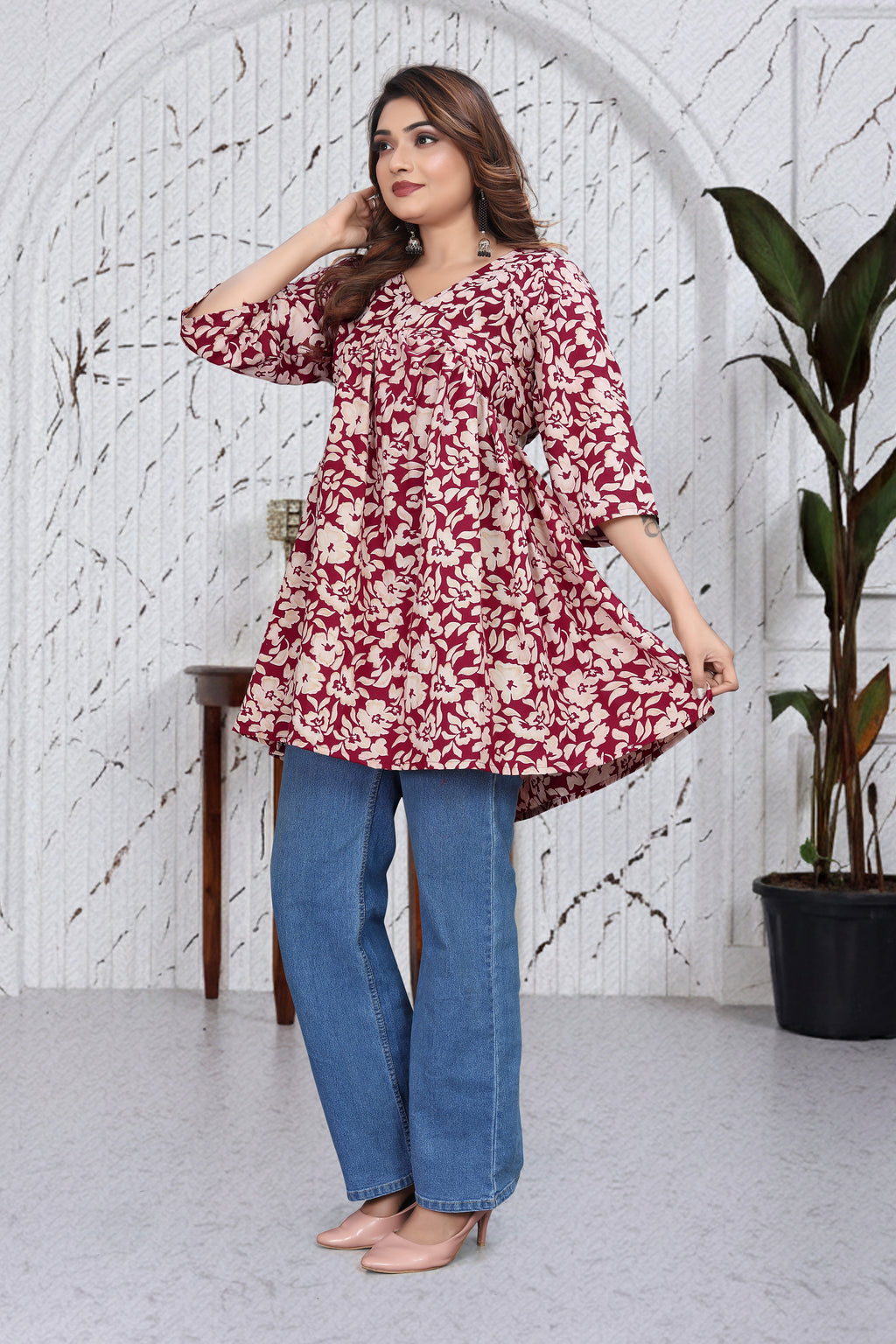 Maroon Floral Flared Top