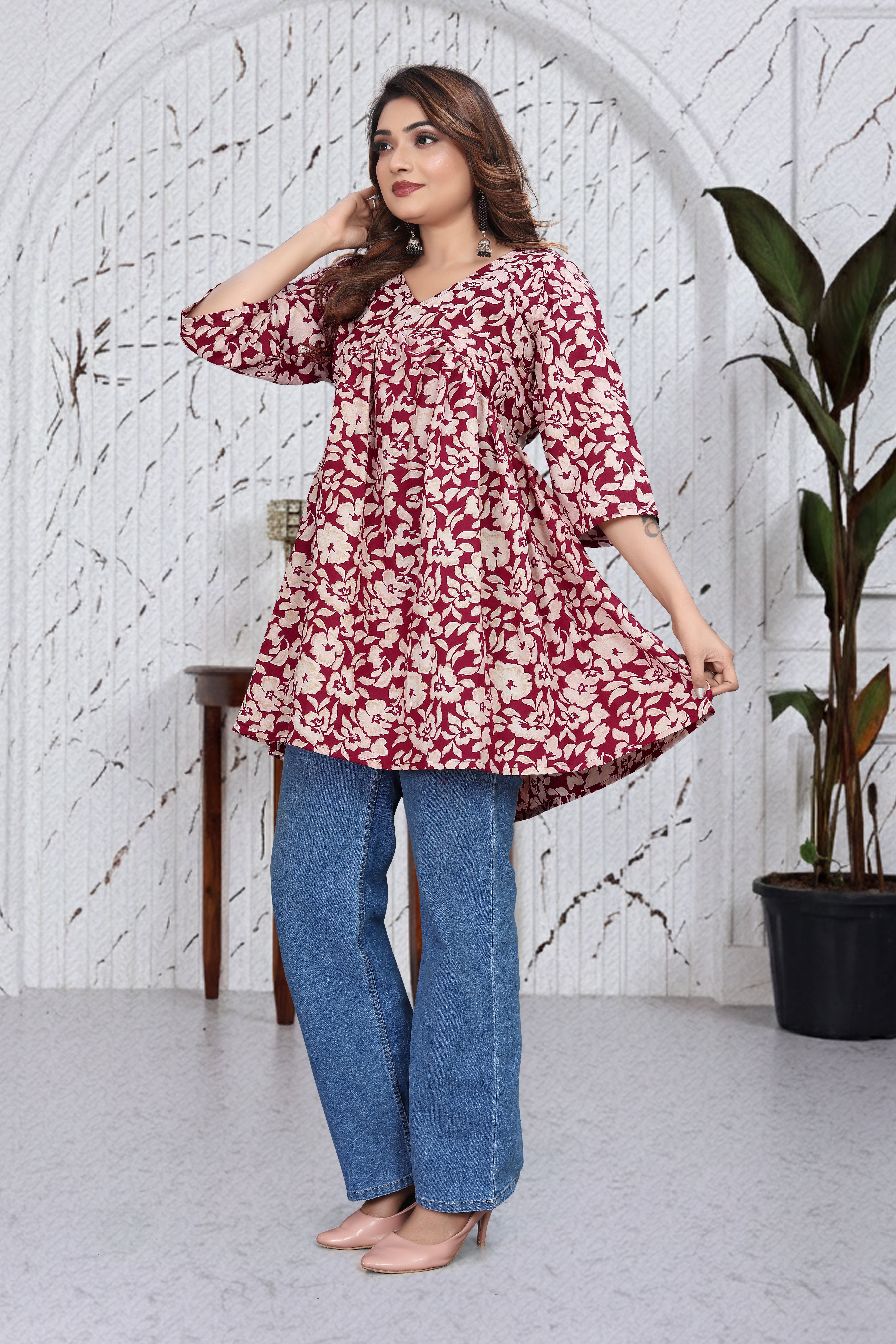 Maroon Floral Flared Top
